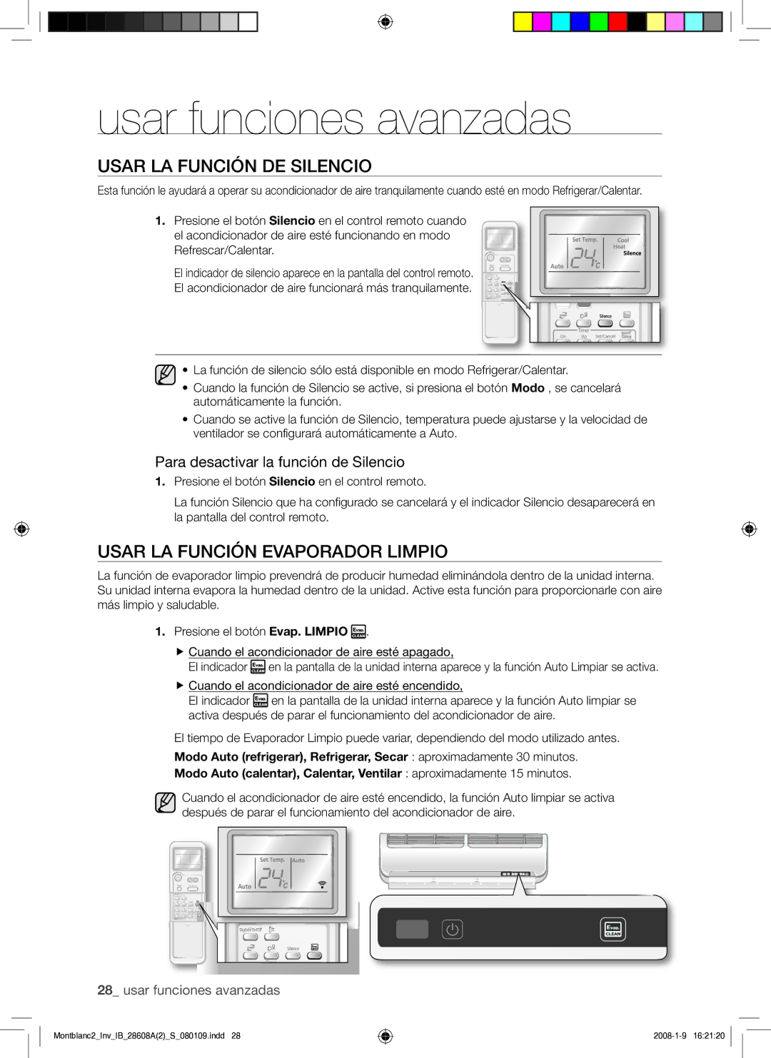 Samsung AQV18AWAX Usar LA Función DE Silencio, Usar LA Función Evaporador Limpio, Para desactivar la función de Silencio 