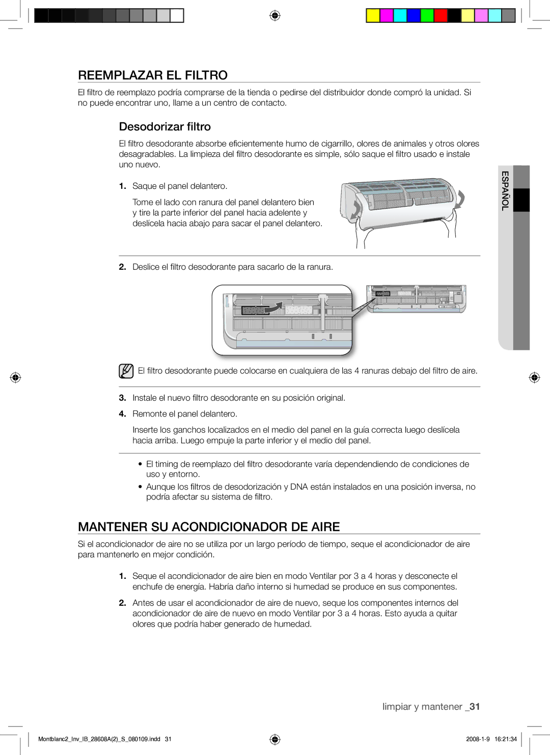 Samsung AQV18AWAN, AQV24AWAN, AQV24AWAX manual Reemplazar EL Filtro, Mantener SU Acondicionador DE Aire, Desodorizar filtro 