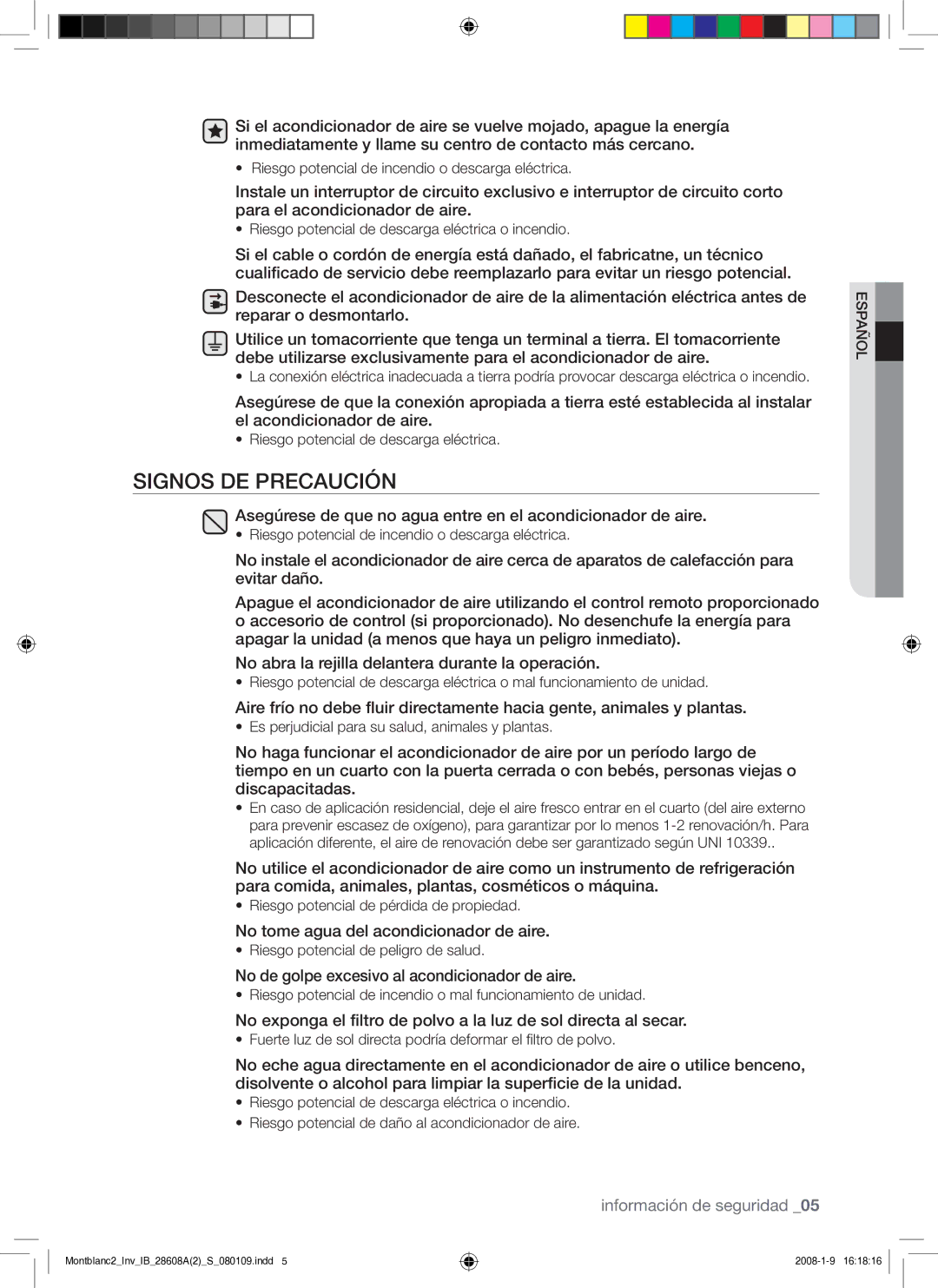 Samsung AQV24AWAN, AQV24AWAX, AQV18AWAN, AQV18AWAX manual Signos DE Precaución 