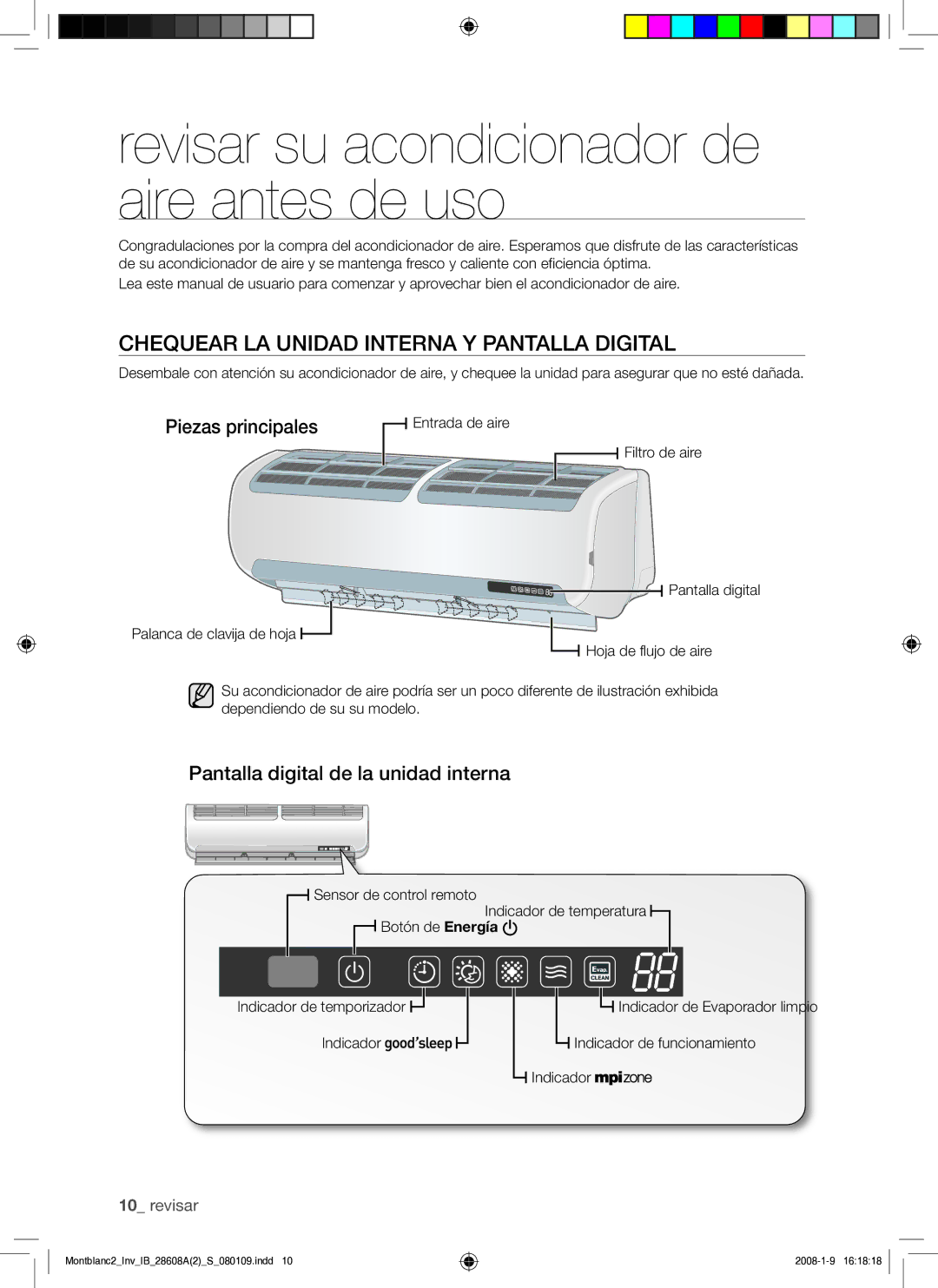 Samsung AQV24AWAX, AQV24AWAN Revisar su acondicionador de aire antes de uso, Chequear LA Unidad Interna Y Pantalla Digital 