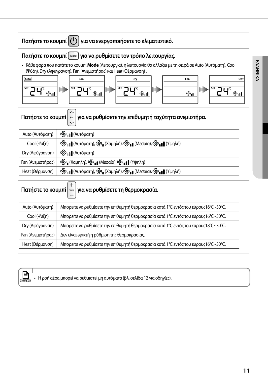 Samsung AQV09PSAX, AQV24PSBX, AQV12PSAN Πατήστε το κουμπί για να ρυθμίσετε τη θερμοκρασία, Αυτόματη, Χαμηλή Μεσαία Υψηλή 