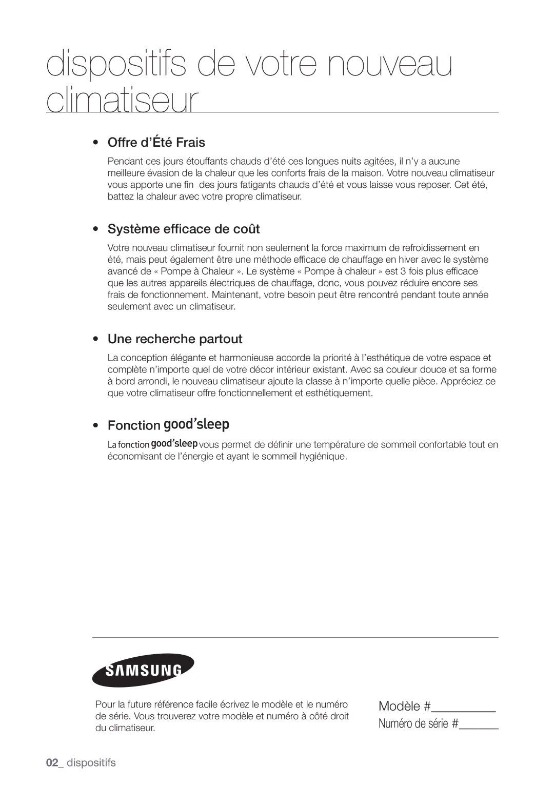 Samsung AQV24UGBN manual Dispositifs de votre nouveau climatiseur, Offre d’Été Frais, Système efficace de coût, Fonction 