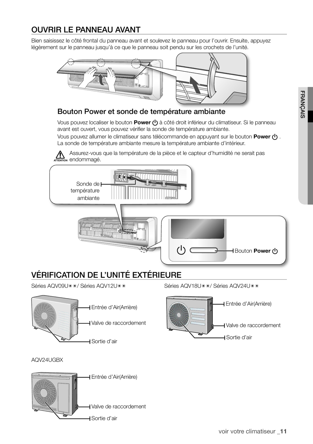 Samsung AQV24UGBX, AQV24UGBN manual Ouvrir LE Panneau Avant, Vérification DE L’UNITÉ Extérieure 