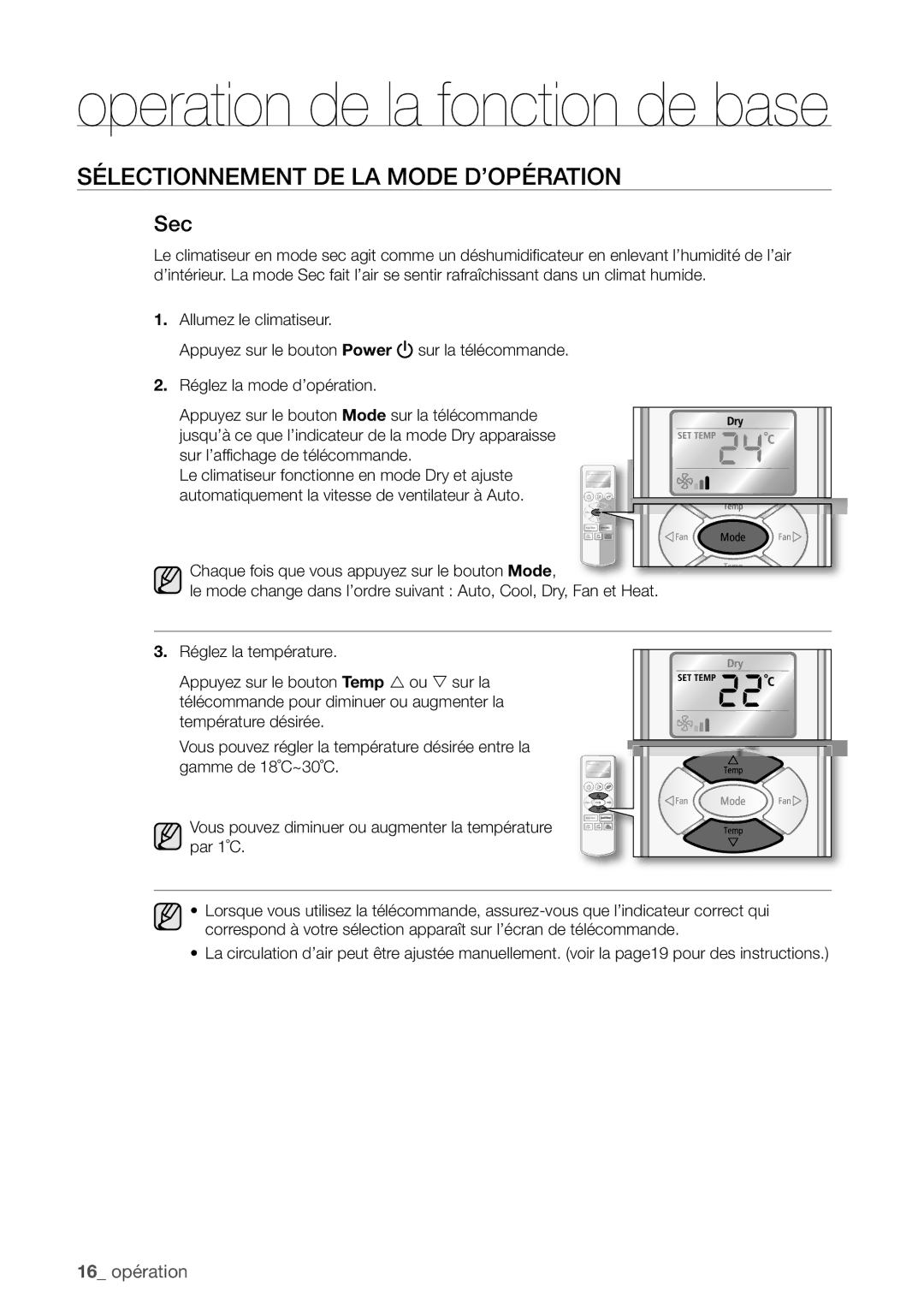 Samsung AQV24UGBN, AQV24UGBX manual Operation de la fonction de base, Sec 