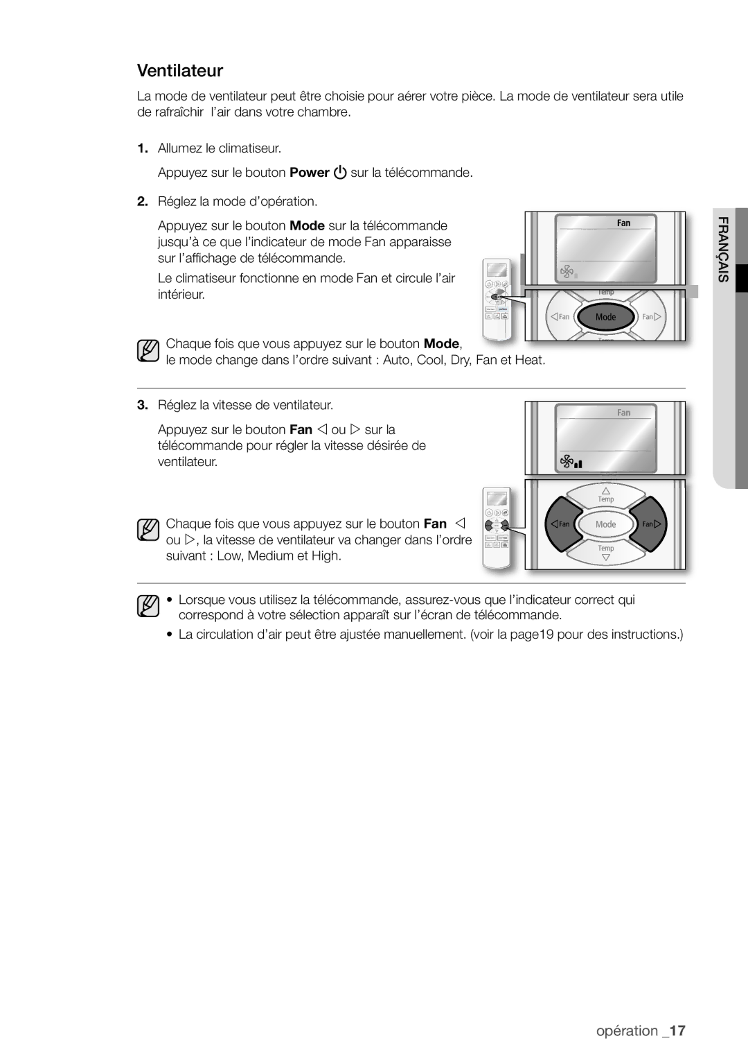 Samsung AQV24UGBX, AQV24UGBN manual Ventilateur 