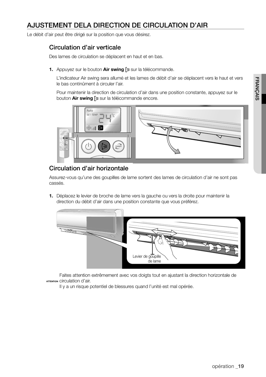 Samsung AQV24UGBX, AQV24UGBN manual Ajustement Dela Direction DE Circulation D’AIR, Circulation d’air verticale 