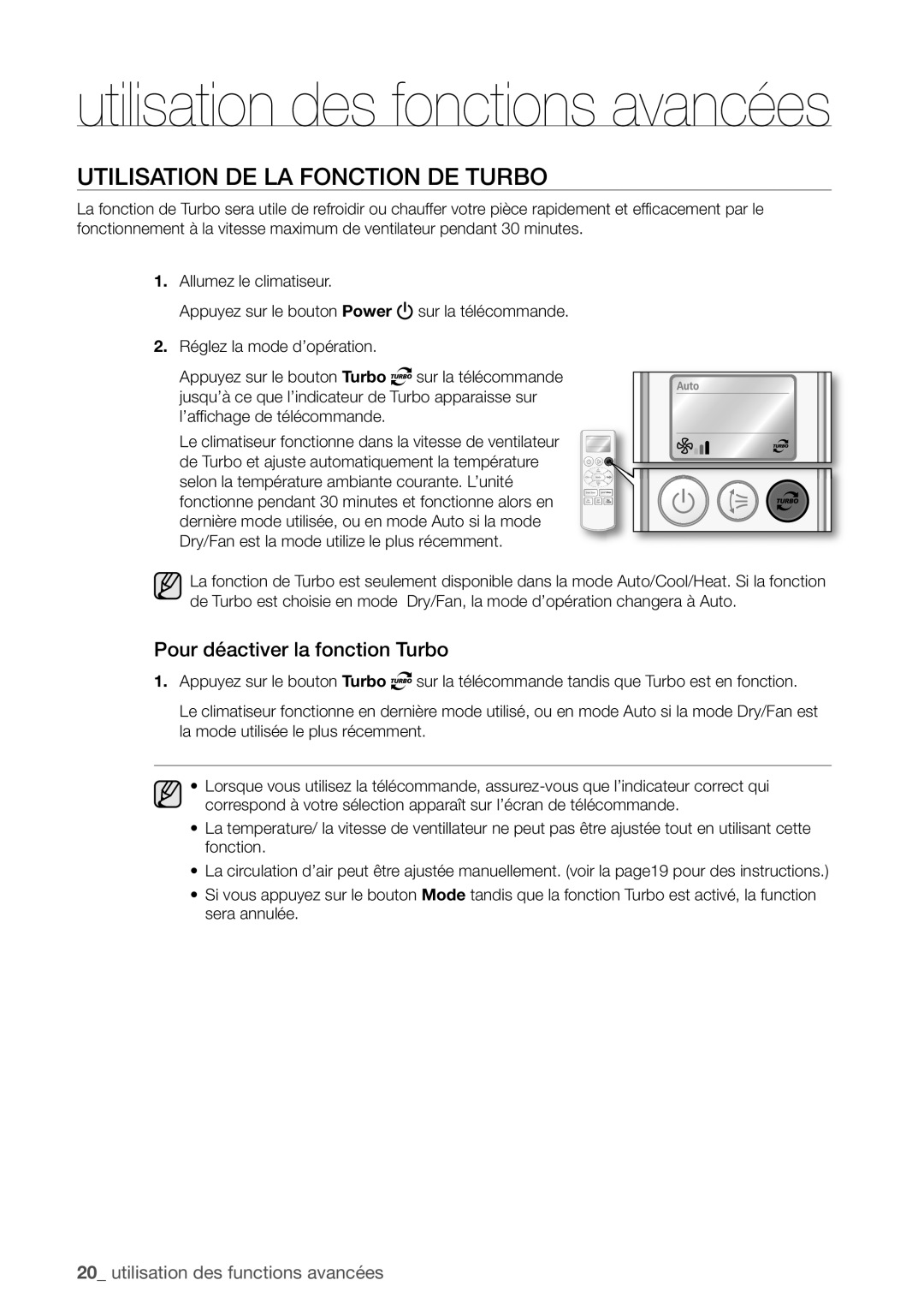 Samsung AQV24UGBN, AQV24UGBX manual Utilisation DE LA Fonction DE Turbo, Pour déactiver la fonction Turbo 