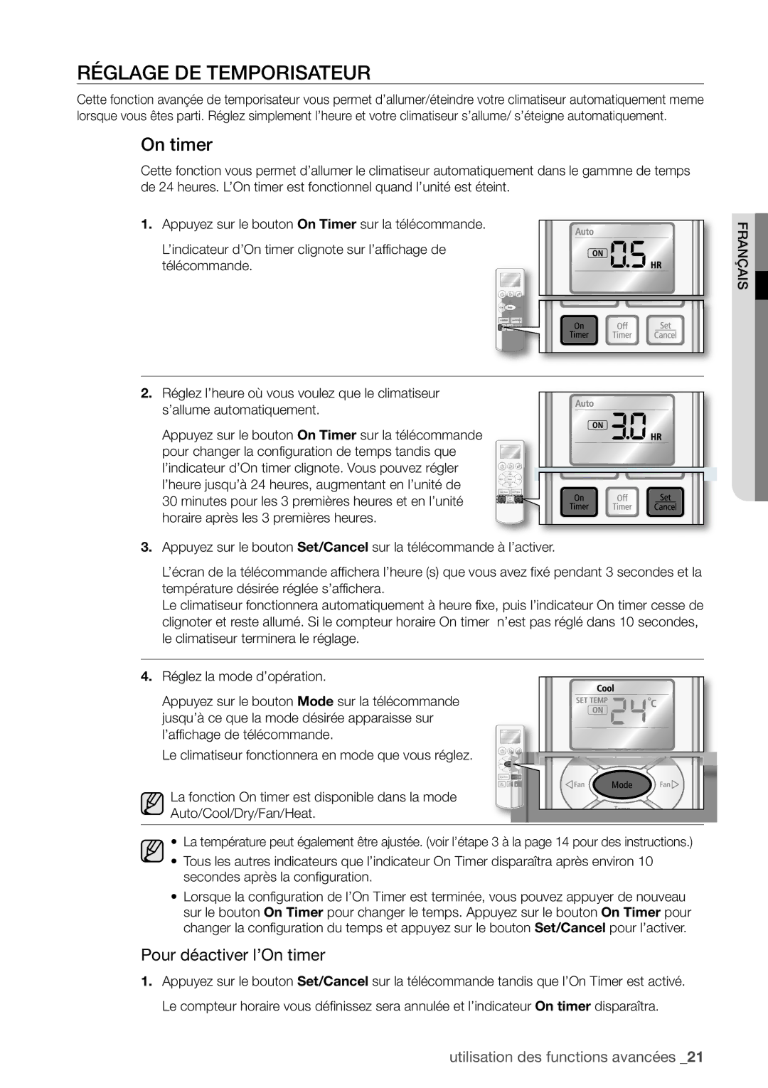 Samsung AQV24UGBX, AQV24UGBN manual Réglage DE Temporisateur, Pour déactiver l’On timer 