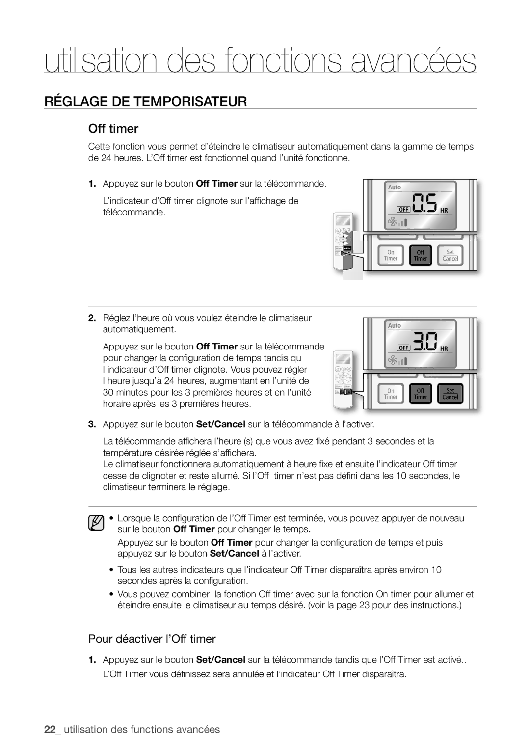 Samsung AQV24UGBN, AQV24UGBX manual Pour déactiver l’Off timer 