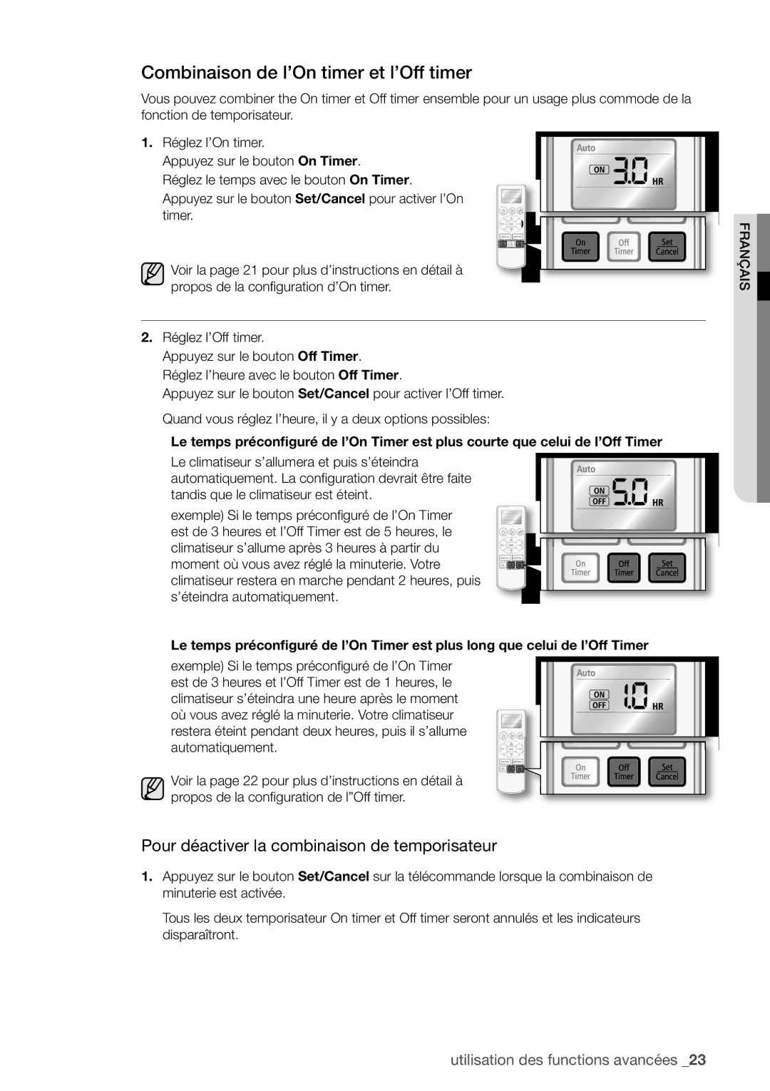 Samsung AQV24UGBX, AQV24UGBN manual Combinaison de l’On timer et l’Off timer, Pour déactiver la combinaison de temporisateur 