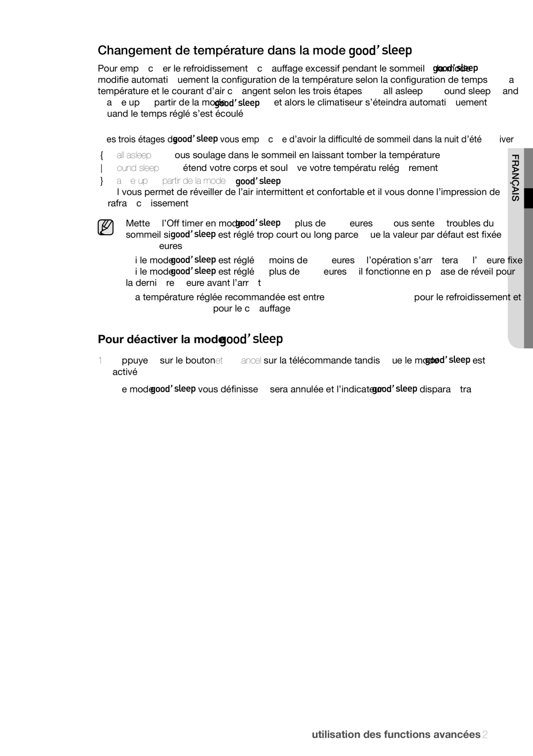 Samsung AQV24UGBX manual Changement de température dans la mode, Pour déactiver la mode, Wake up à partir de la mode 