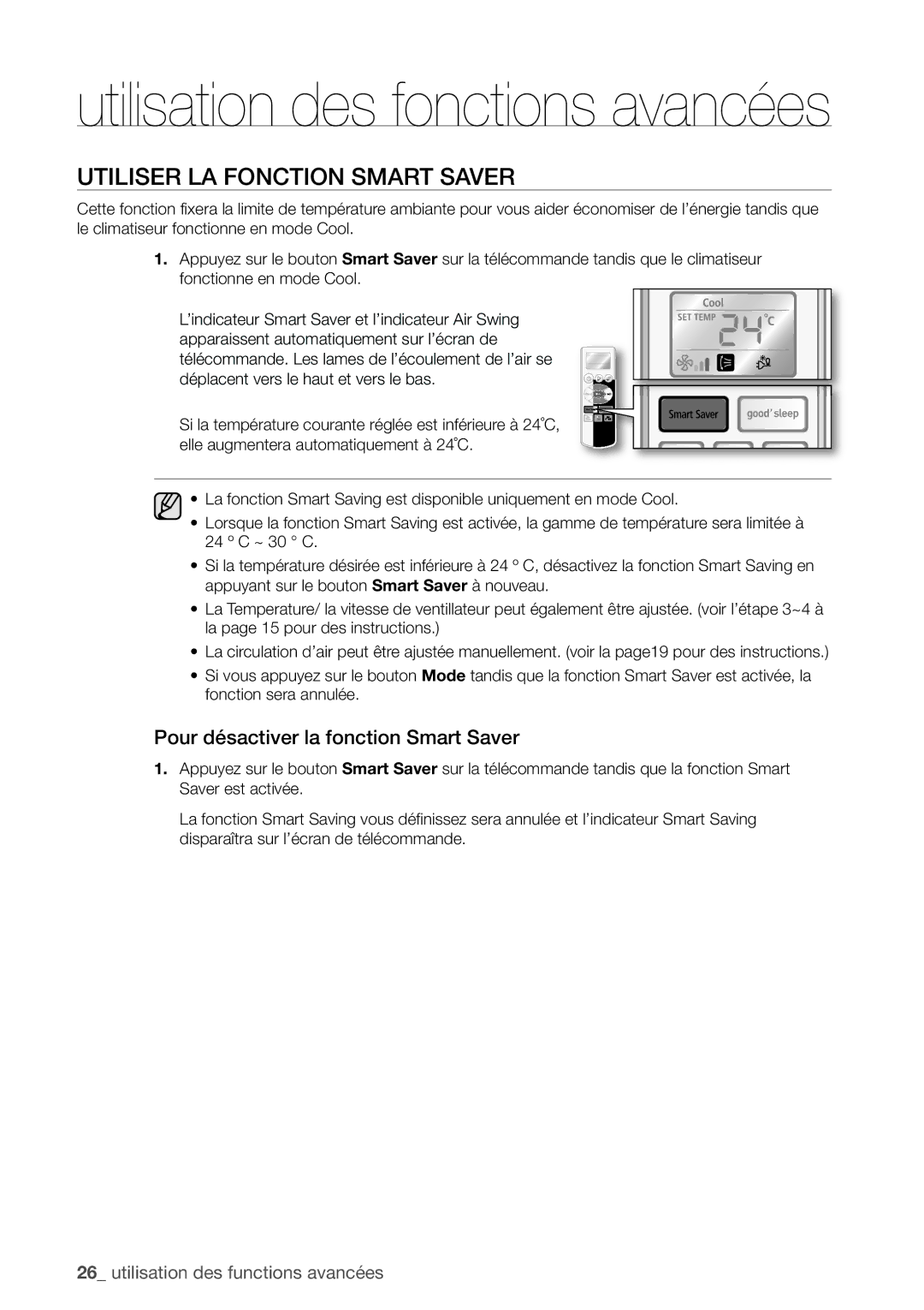 Samsung AQV24UGBN, AQV24UGBX manual Utiliser LA Fonction Smart Saver, Pour désactiver la fonction Smart Saver 