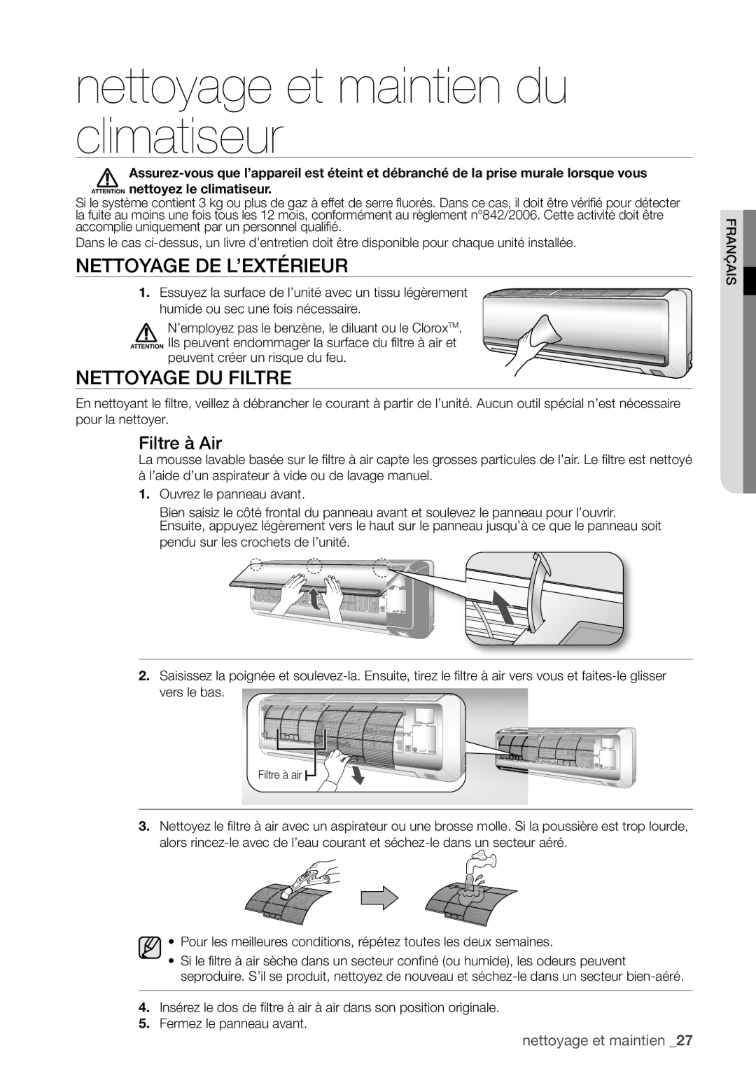 Samsung AQV24UGBX manual Nettoyage et maintien du climatiseur, Nettoyage DE L’EXTÉRIEUR, Nettoyage DU Filtre, Filtre à Air 