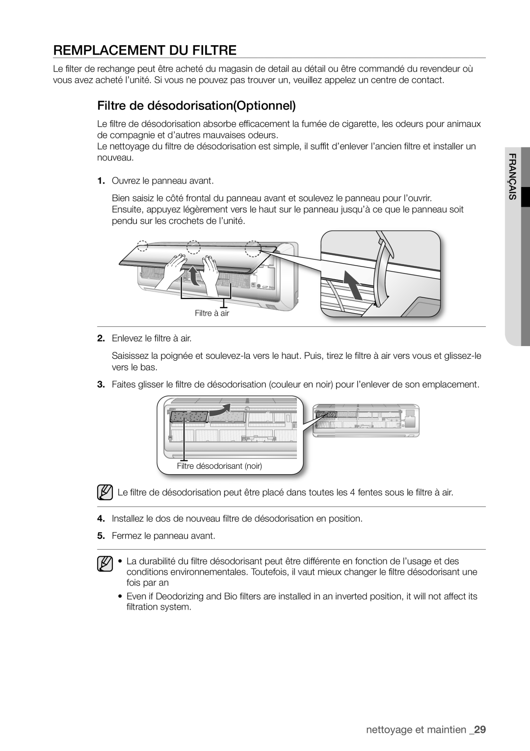 Samsung AQV24UGBX, AQV24UGBN manual Remplacement DU Filtre, Filtre de désodorisationOptionnel 