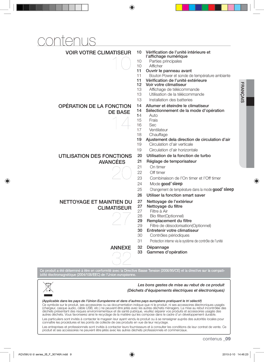 Samsung AQV24UGBX, AQV24UGBN manual Contenus 