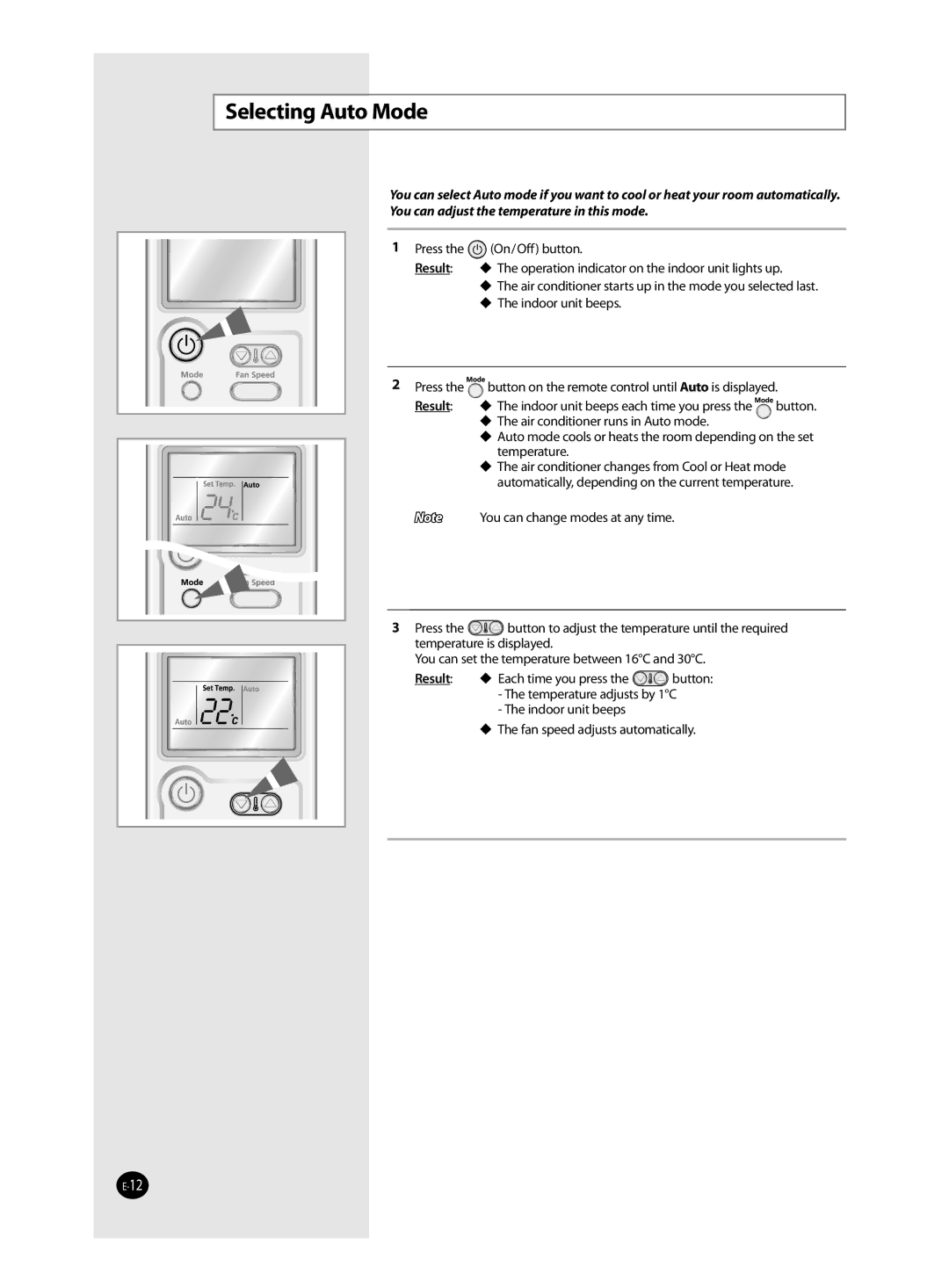 Samsung AQV24VBCN, AQV24VBCX, AQV18VBCN, AQV09VBCX, AQV09VBEN, AQV09VBCN, AQV18VBCX, AQV12VBCX manual Selecting Auto Mode, Result 