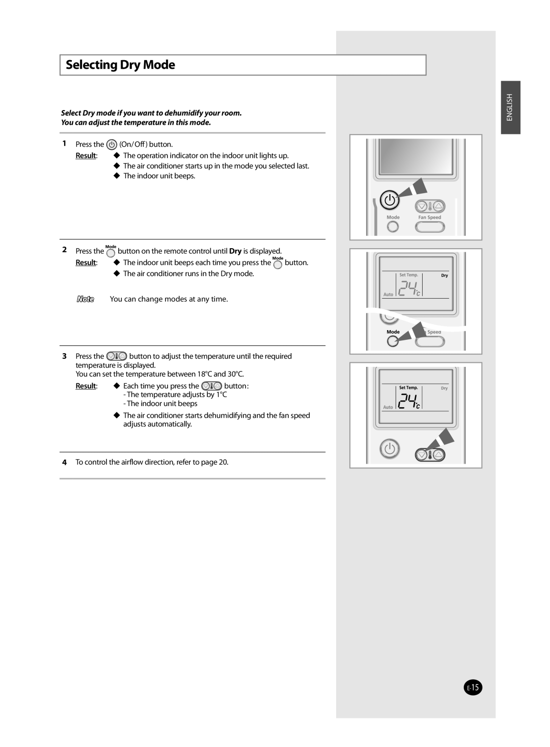 Samsung AQV09VBCN, AQV24VBCX, AQV18VBCN, AQV24VBCN, AQV09VBCX, AQV09VBEN, AQV18VBCX, AQV12VBCX, AQV12VBCN manual Selecting Dry Mode 