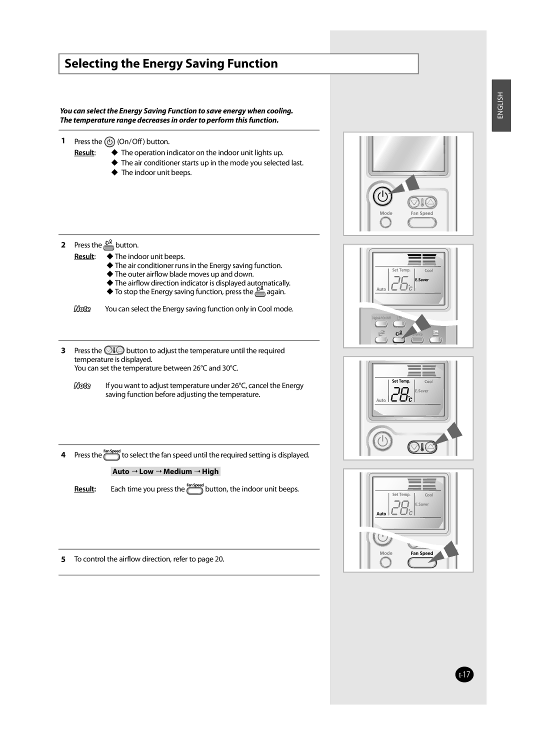 Samsung AQV12VBCX, AQV24VBCX, AQV18VBCN, AQV24VBCN, AQV09VBCX, AQV09VBEN, AQV09VBCN manual Selecting the Energy Saving Function 