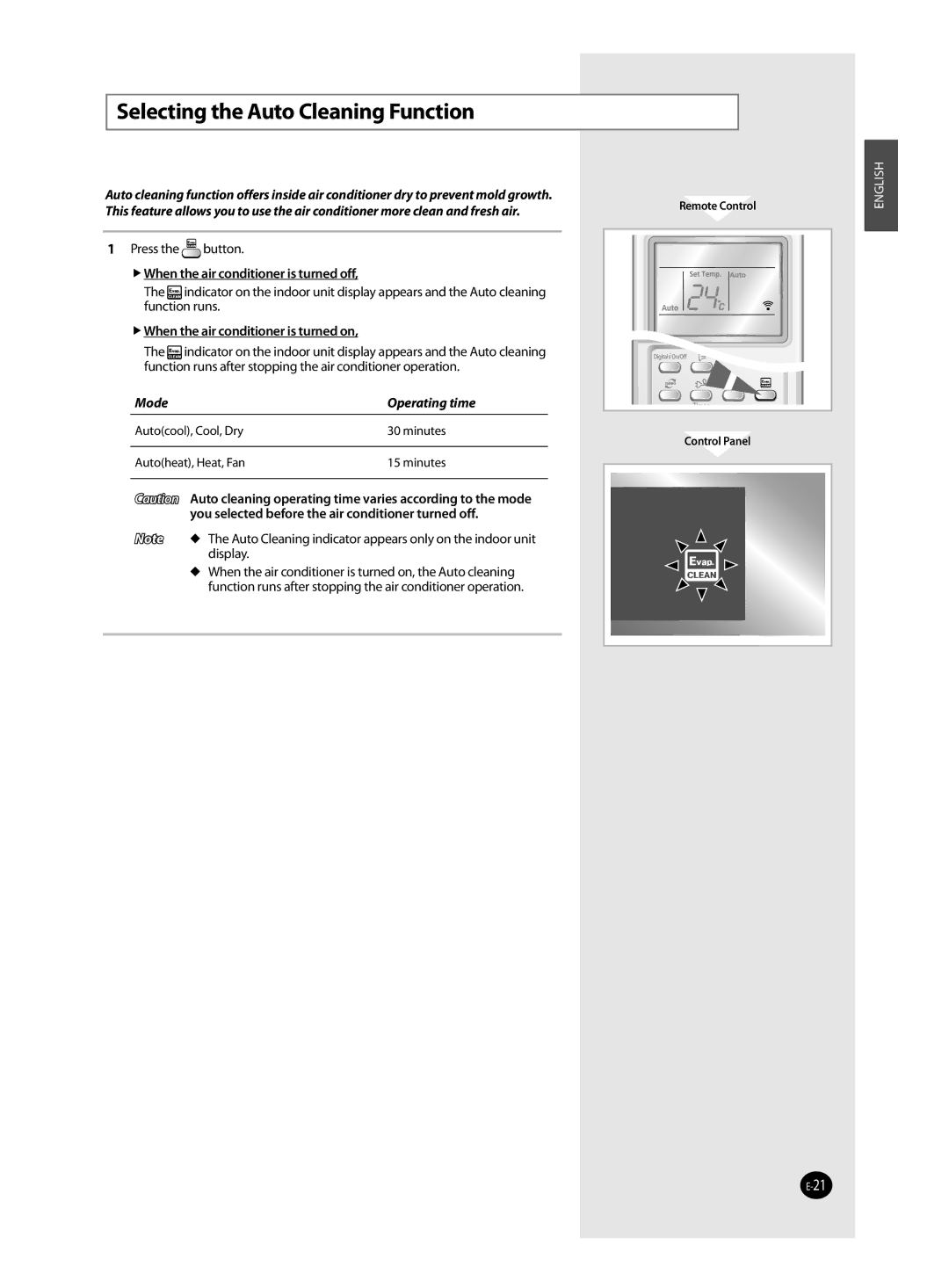 Samsung AQV24VBCN, AQV24VBCX, AQV18VBCN manual Selecting the Auto Cleaning Function,  When the air conditioner is turned off 