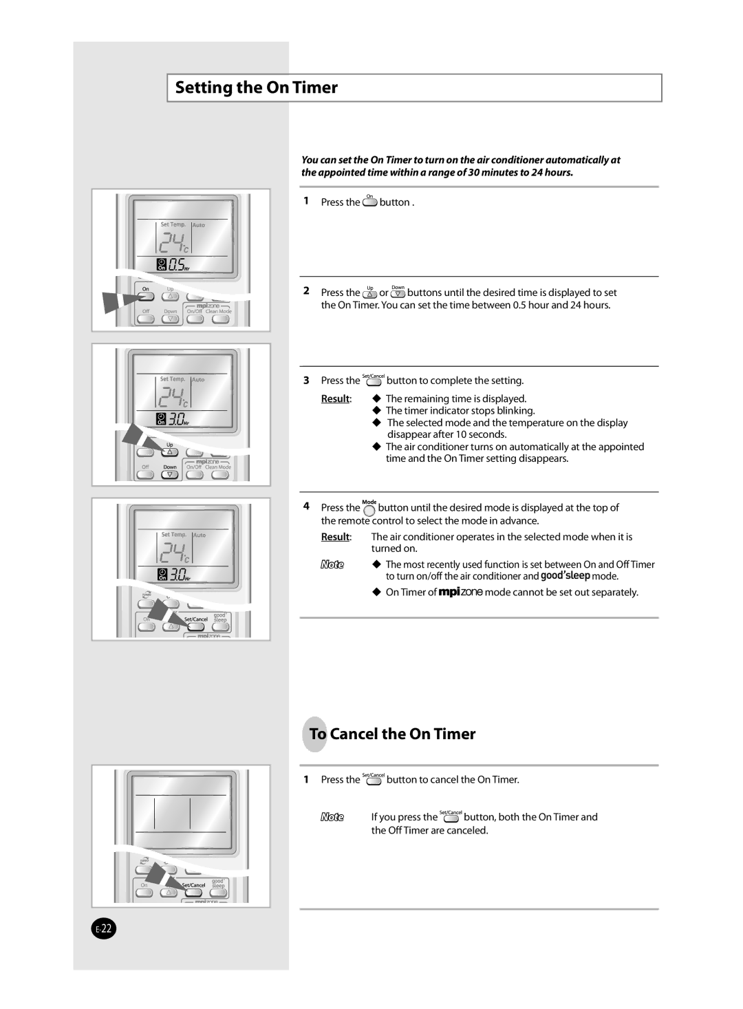 Samsung AQV09VBCX, AQV24VBCX, AQV18VBCN, AQV24VBCN, AQV09VBEN, AQV09VBCN manual Setting the On Timer, To Cancel the On Timer 