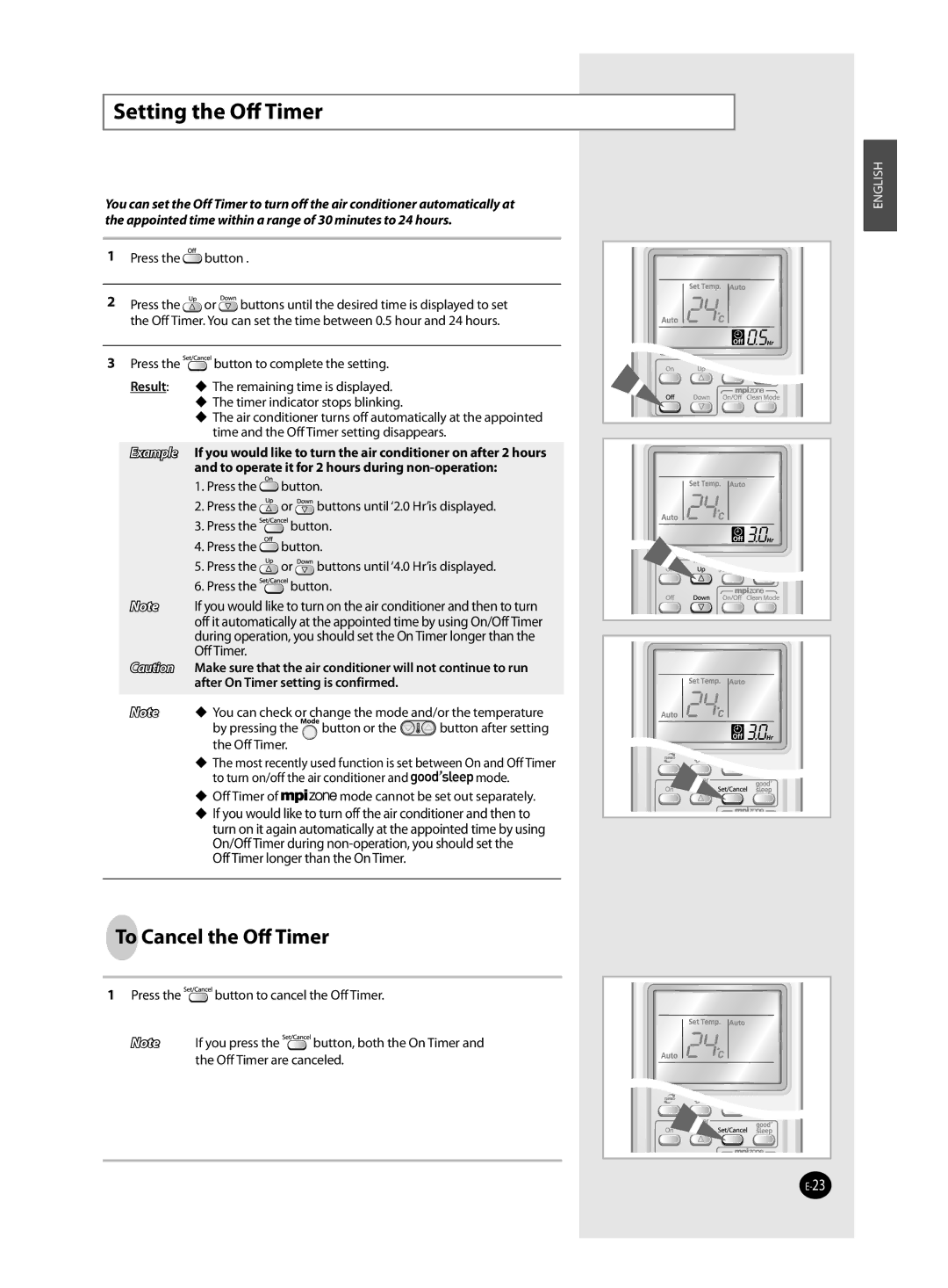 Samsung AQV09VBEN, AQV24VBCX, AQV18VBCN, AQV24VBCN, AQV09VBCX manual Setting the Oﬀ Timer, Off Timer longer than the On Timer 