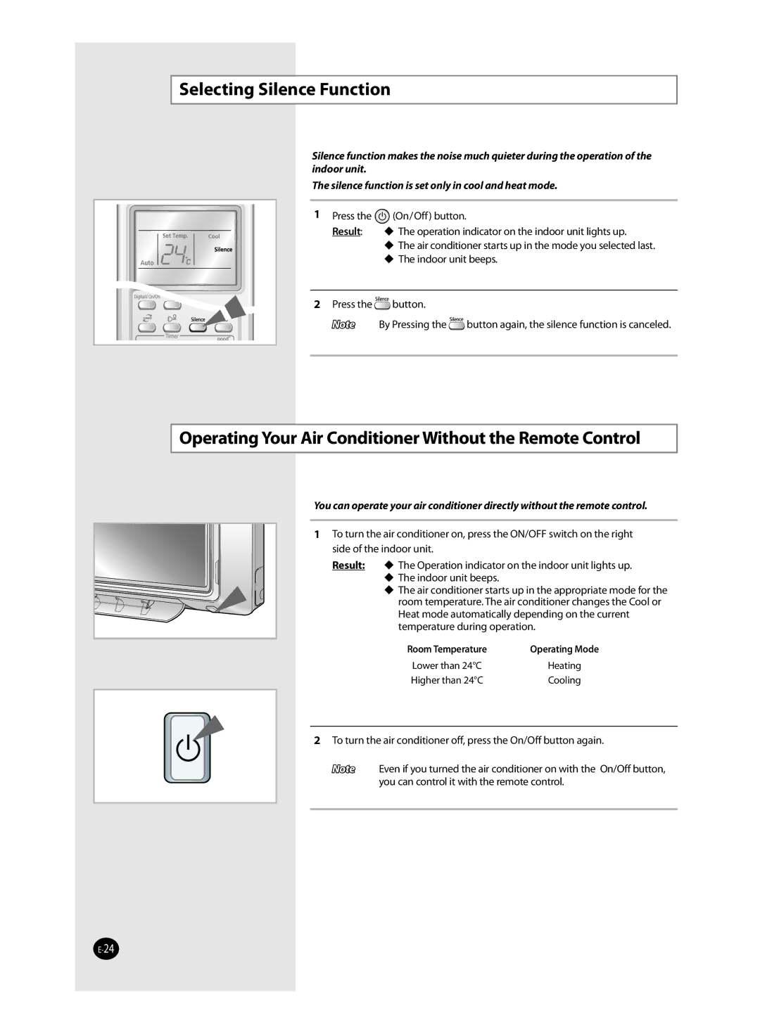 Samsung AQV09VBCN, AQV24VBCX manual Selecting Silence Function, Operating Your Air Conditioner Without the Remote Control 