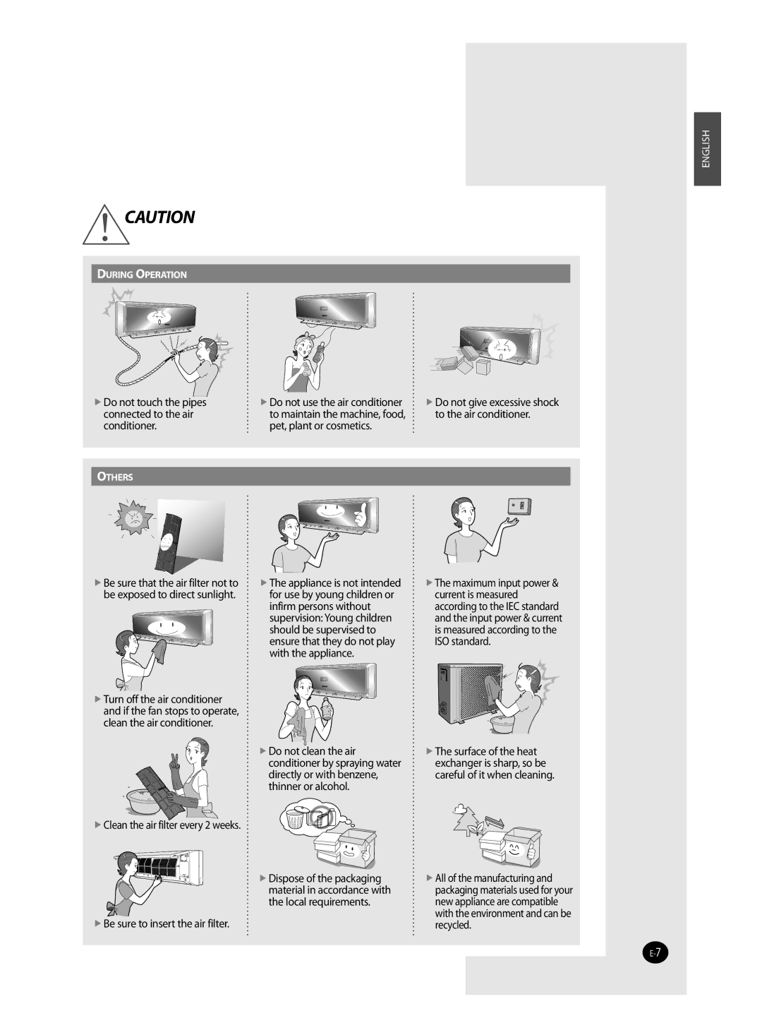 Samsung AQV18VBCX, AQV24VBCX  Do not touch the pipes connected to the air conditioner,  Be sure to insert the air filter 