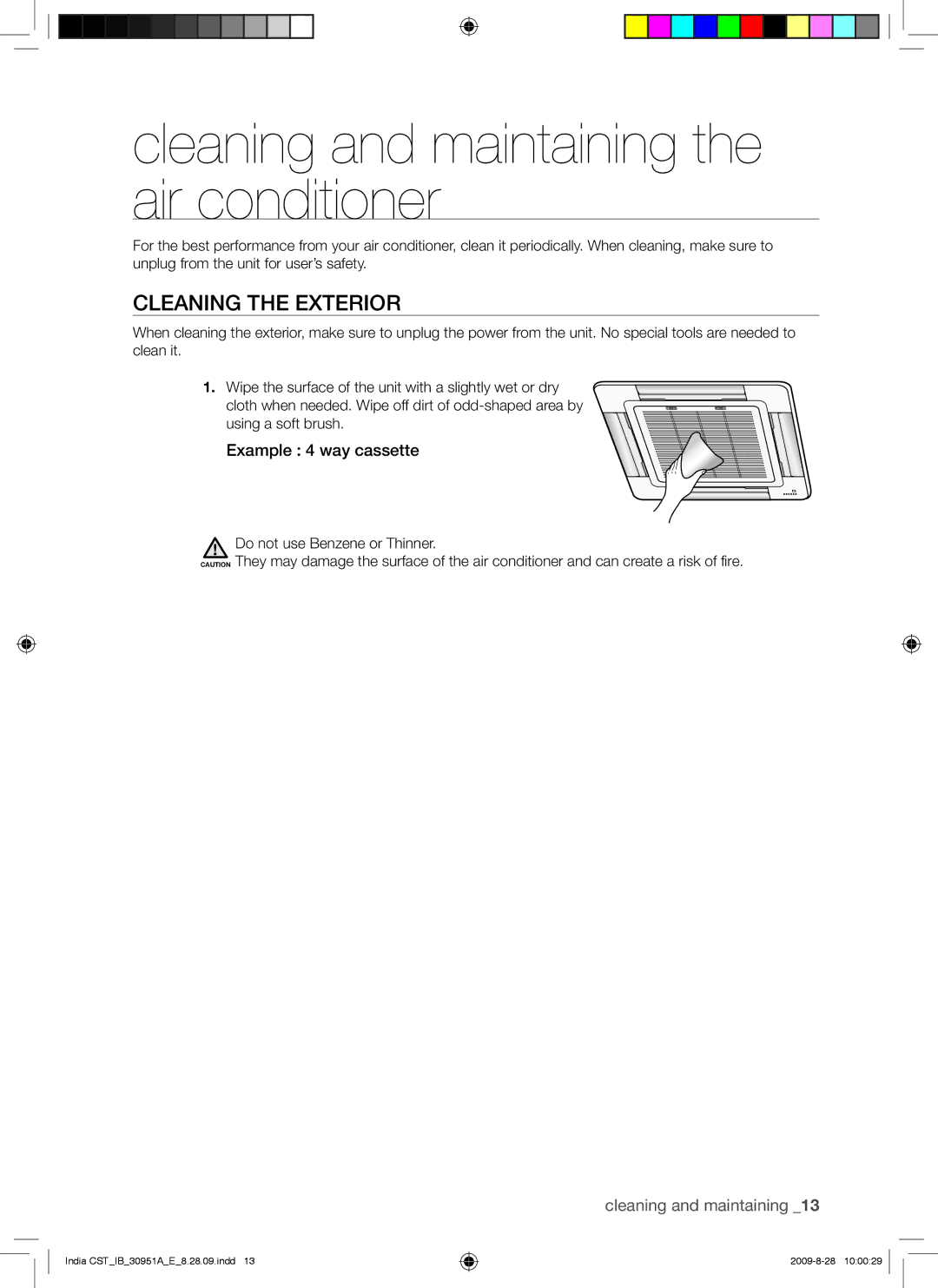 Samsung AQV24VBGN manual Cleaning and maintaining the air conditioner, Cleaning the Exterior 