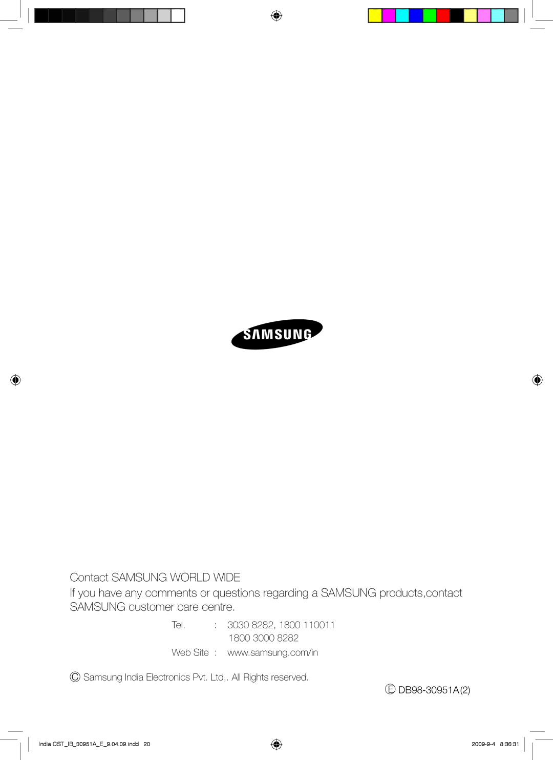 Samsung AQV24VBGN manual Tel 3030 8282, 1800 1800 3000 Web Site DB98-30951A2 