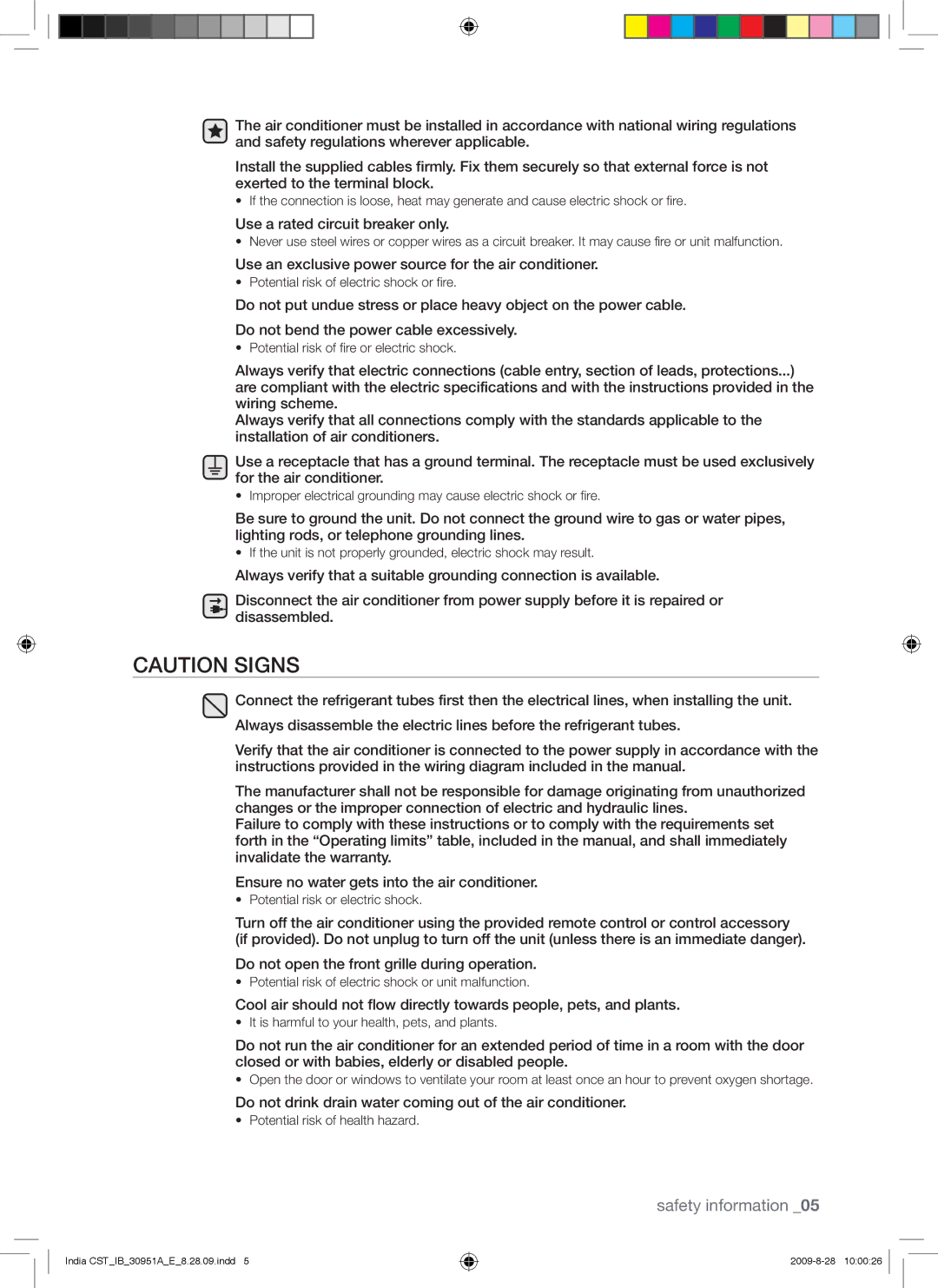 Samsung AQV24VBGN manual Use an exclusive power source for the air conditioner 