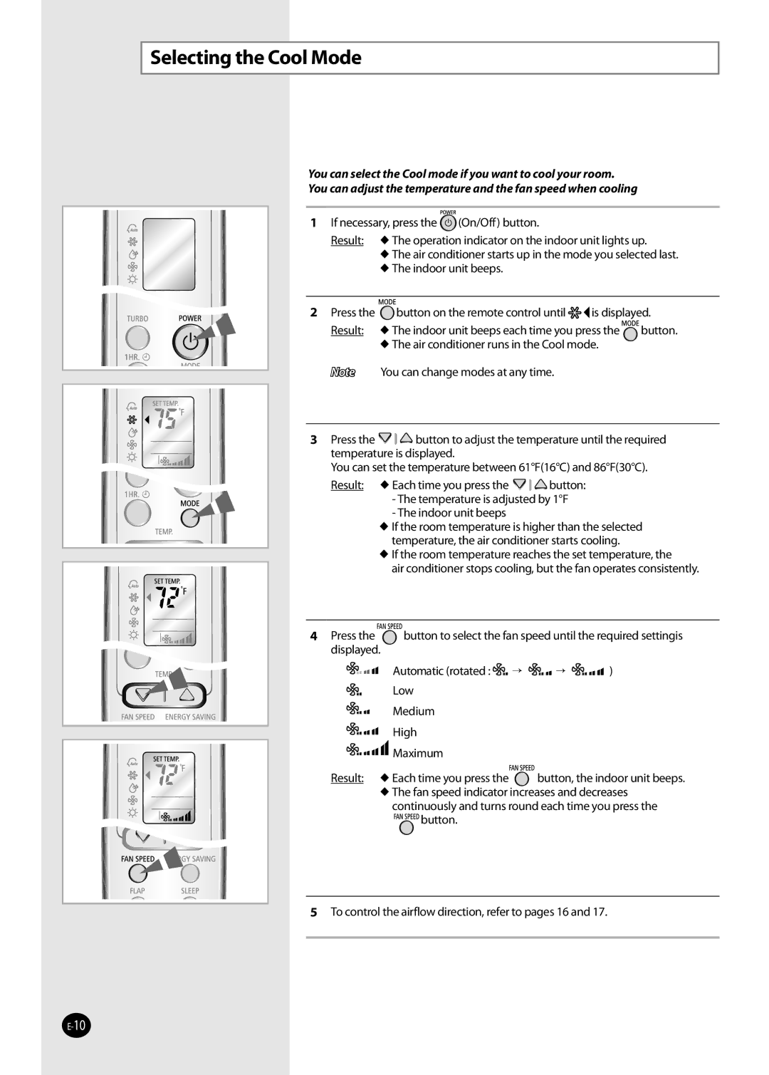 Samsung AQV36W user manual Selecting the Cool Mode,  