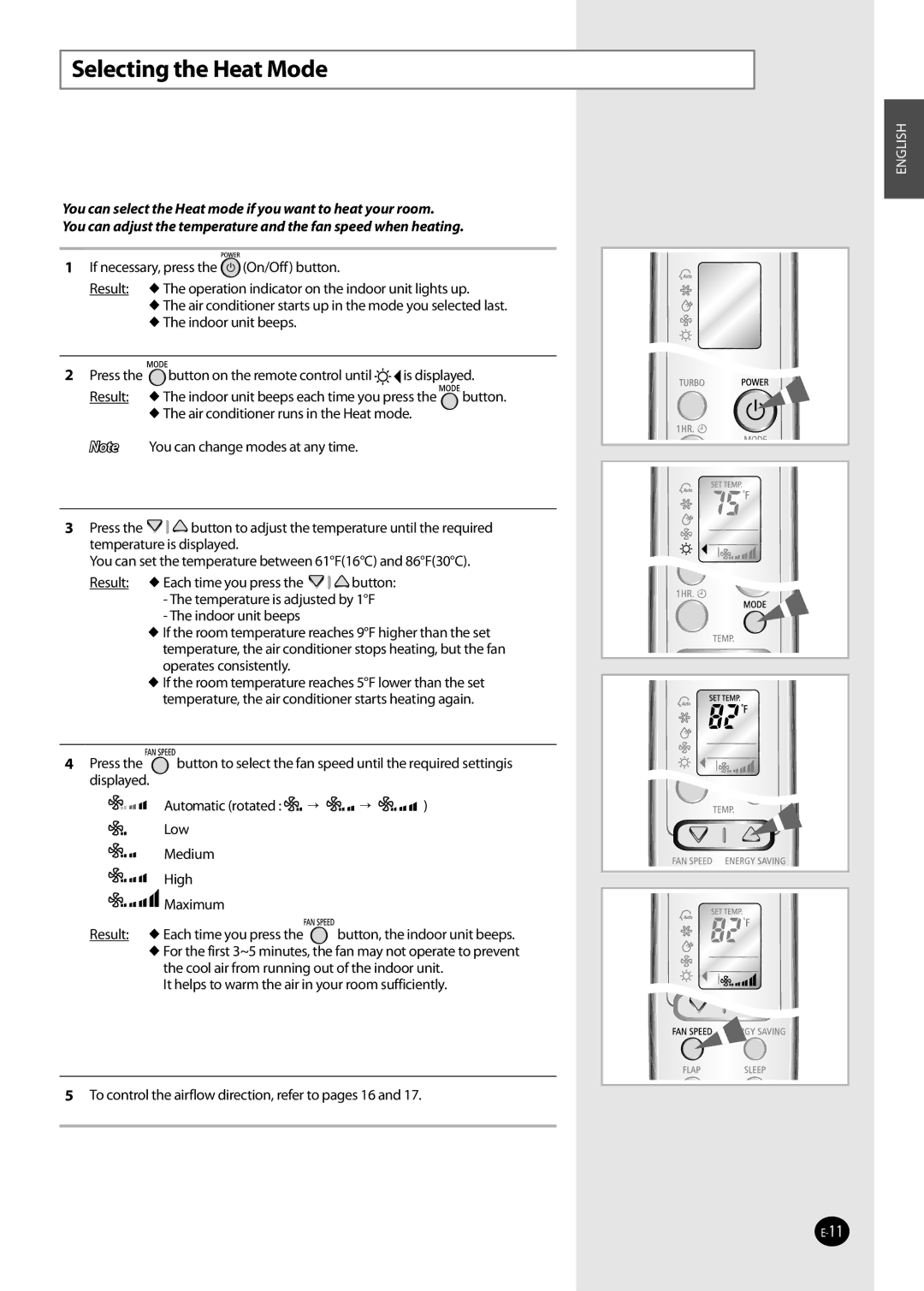 Samsung AQV36W user manual Selecting the Heat Mode, Displayed Automatic rotated   Low Medium High Maximum 