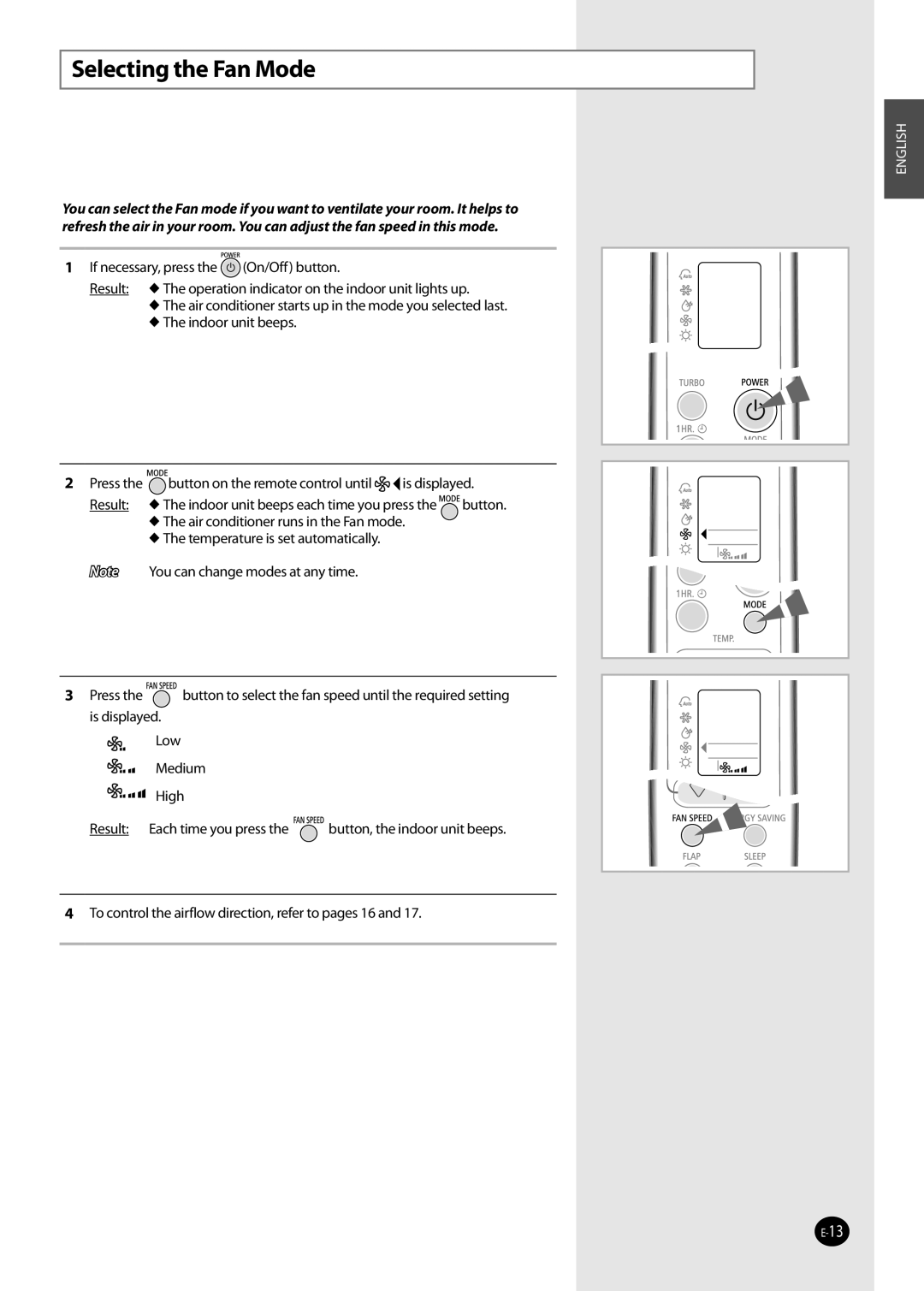 Samsung AQV36W user manual Selecting the Fan Mode 