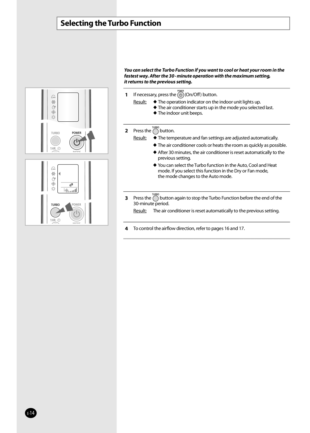 Samsung AQV36W user manual Selecting the Turbo Function, It returns to the previous setting 