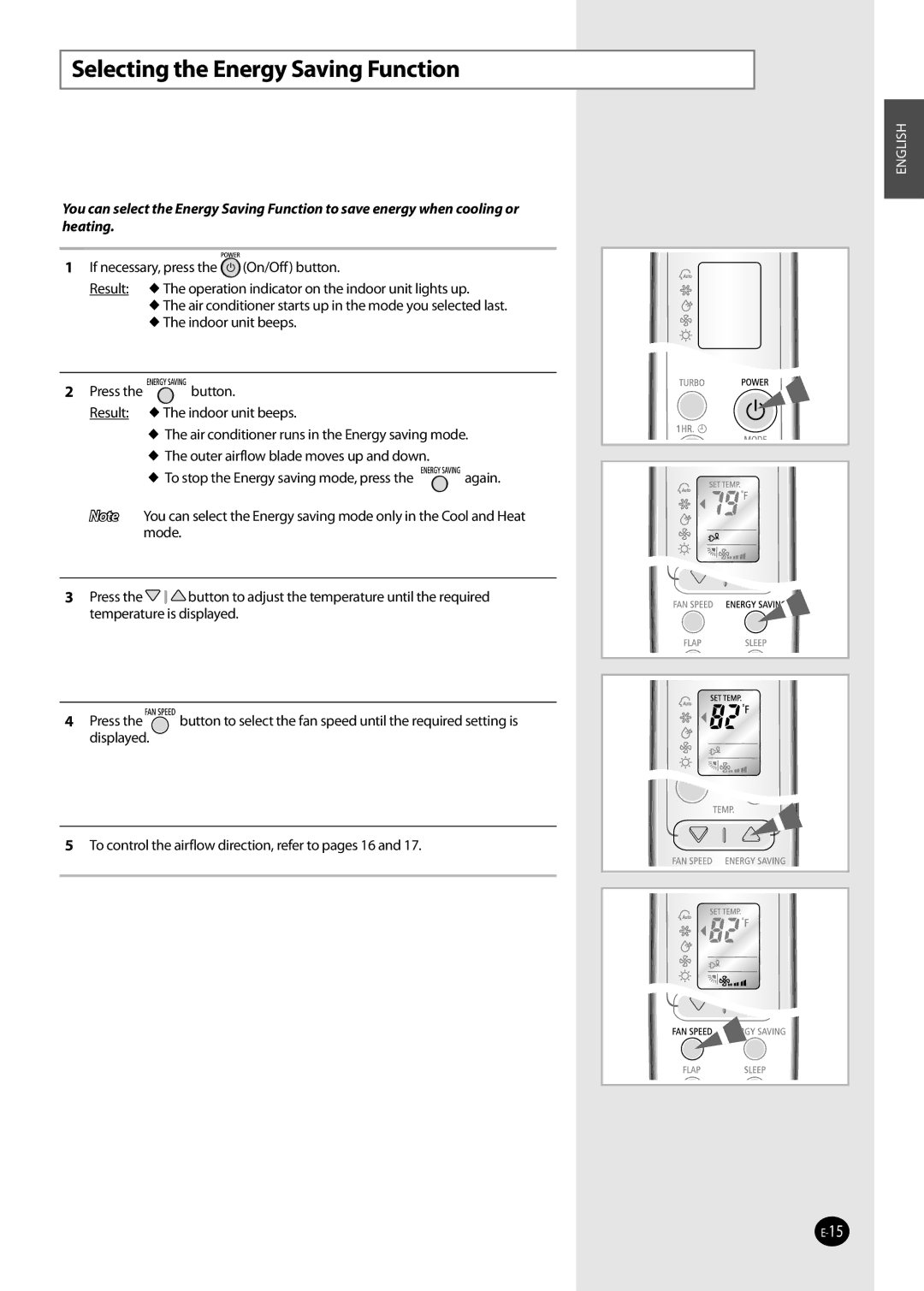 Samsung AQV36W user manual Selecting the Energy Saving Function 