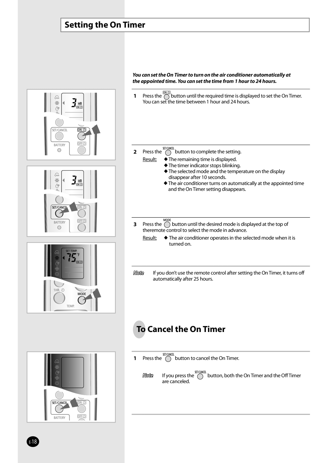 Samsung AQV36W user manual Setting the On Timer, To Cancel the On Timer 