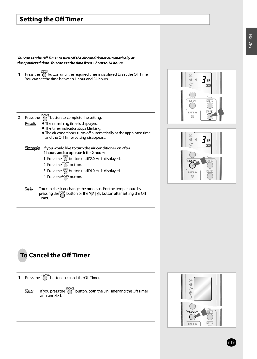 Samsung AQV36W user manual Setting the Oﬀ Timer, To Cancel the Oﬀ Timer 