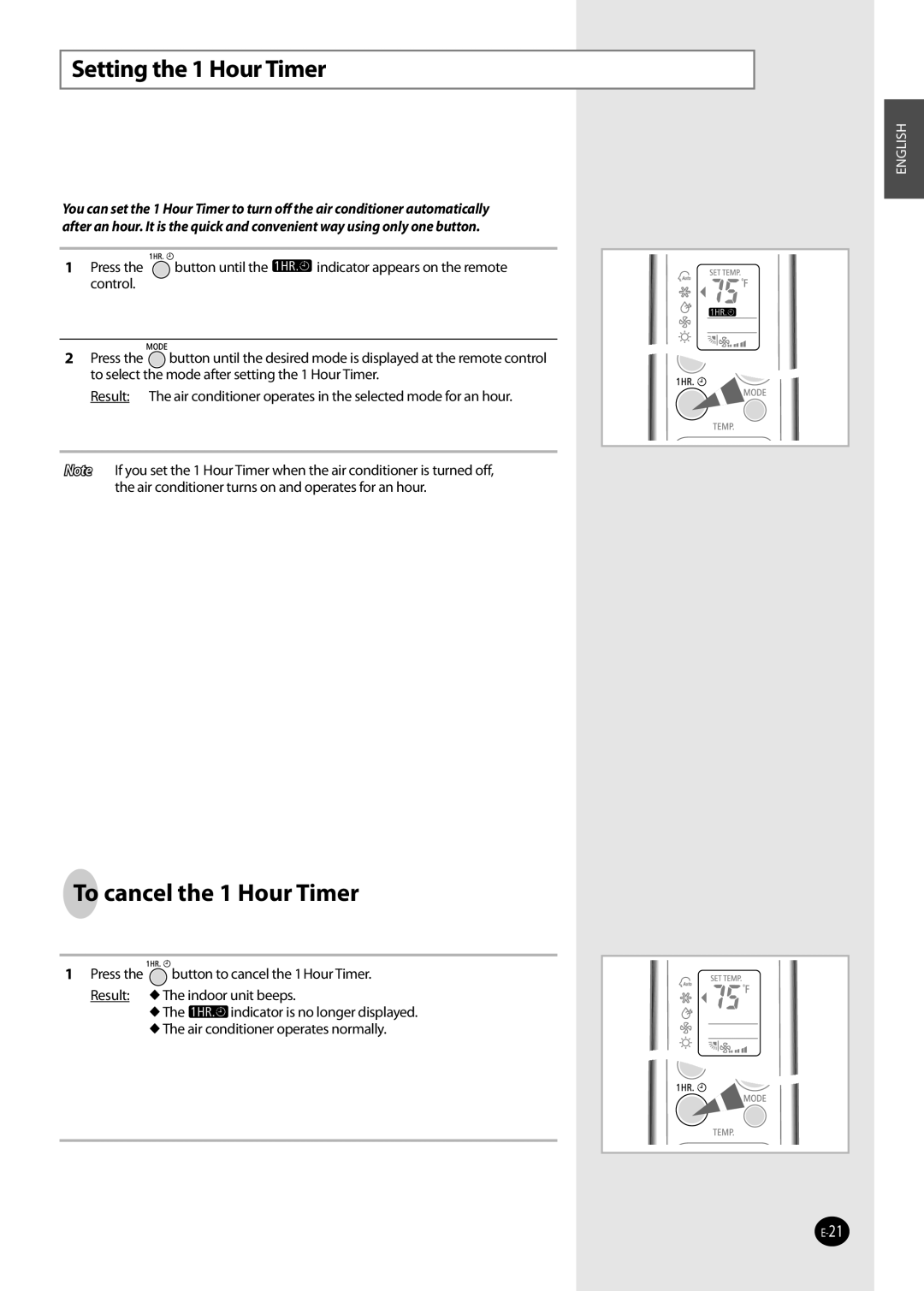 Samsung AQV36W user manual Setting the 1 Hour Timer, To cancel the 1 Hour Timer 