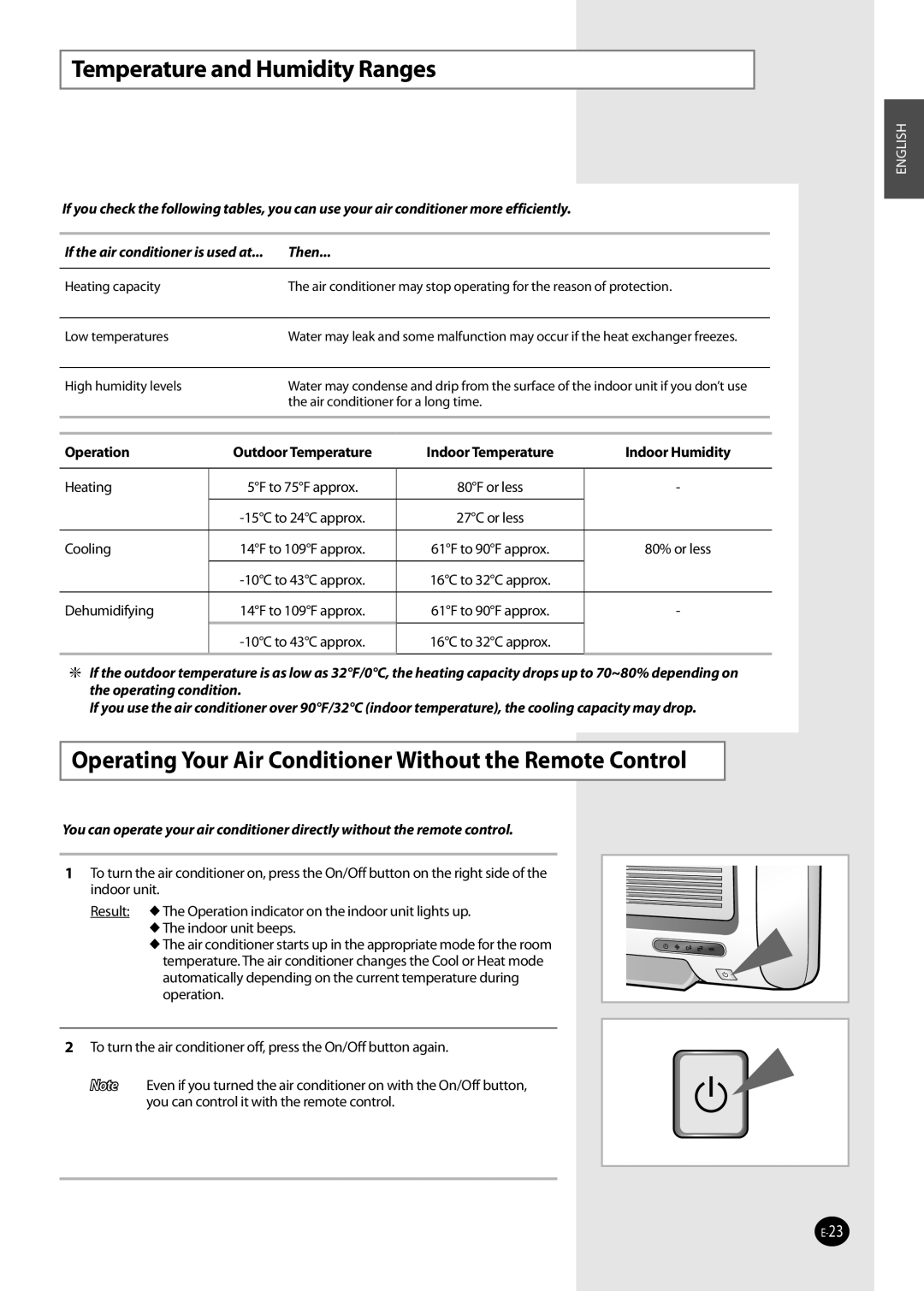 Samsung AQV36W user manual Temperature and Humidity Ranges, Operating Your Air Conditioner Without the Remote Control 