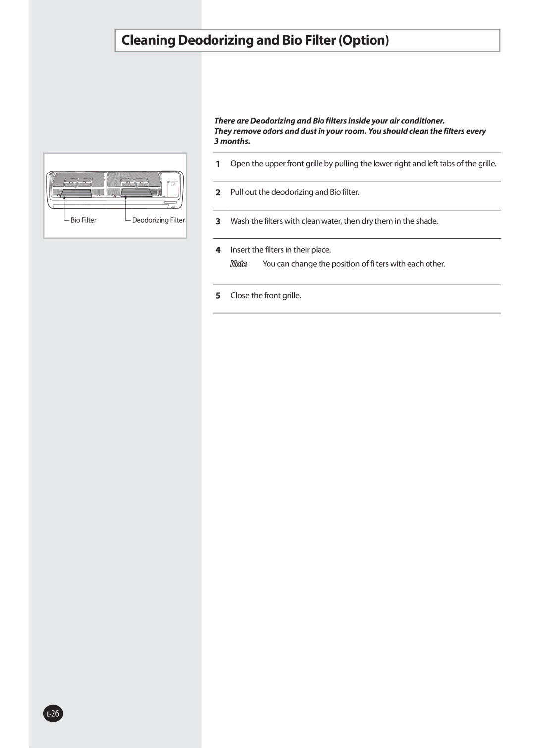 Samsung AQV36W user manual Cleaning Deodorizing and Bio Filter Option 