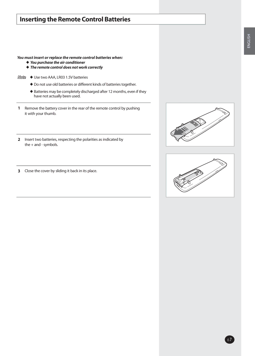 Samsung AQV36W user manual Inserting the Remote Control Batteries, The remote control does not work correctly 