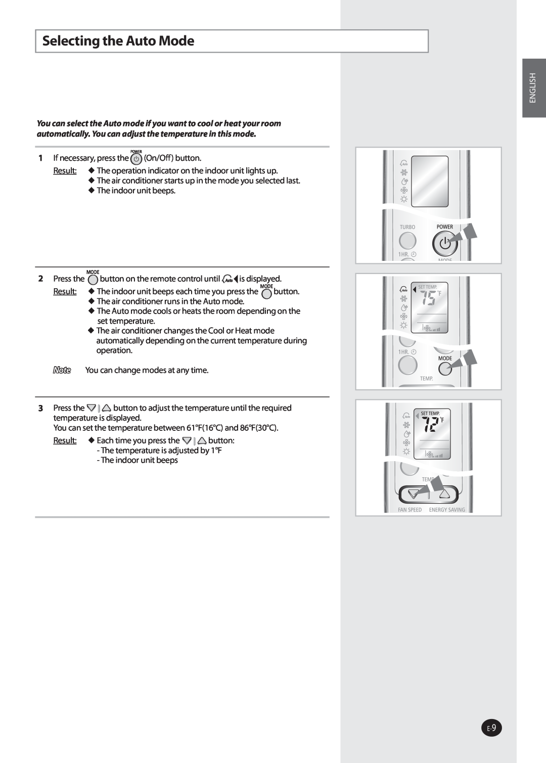 Samsung AQV36W user manual Selecting the Auto Mode, English 