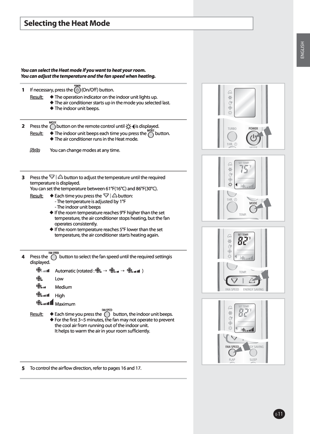 Samsung AQV36W user manual Selecting the Heat Mode, English 