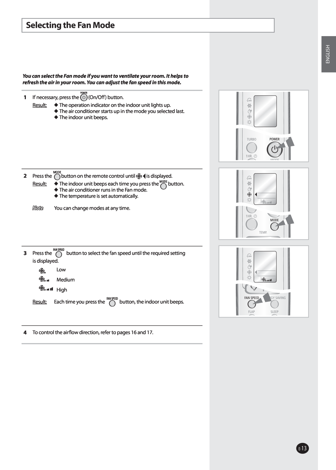 Samsung AQV36W user manual Selecting the Fan Mode, English 