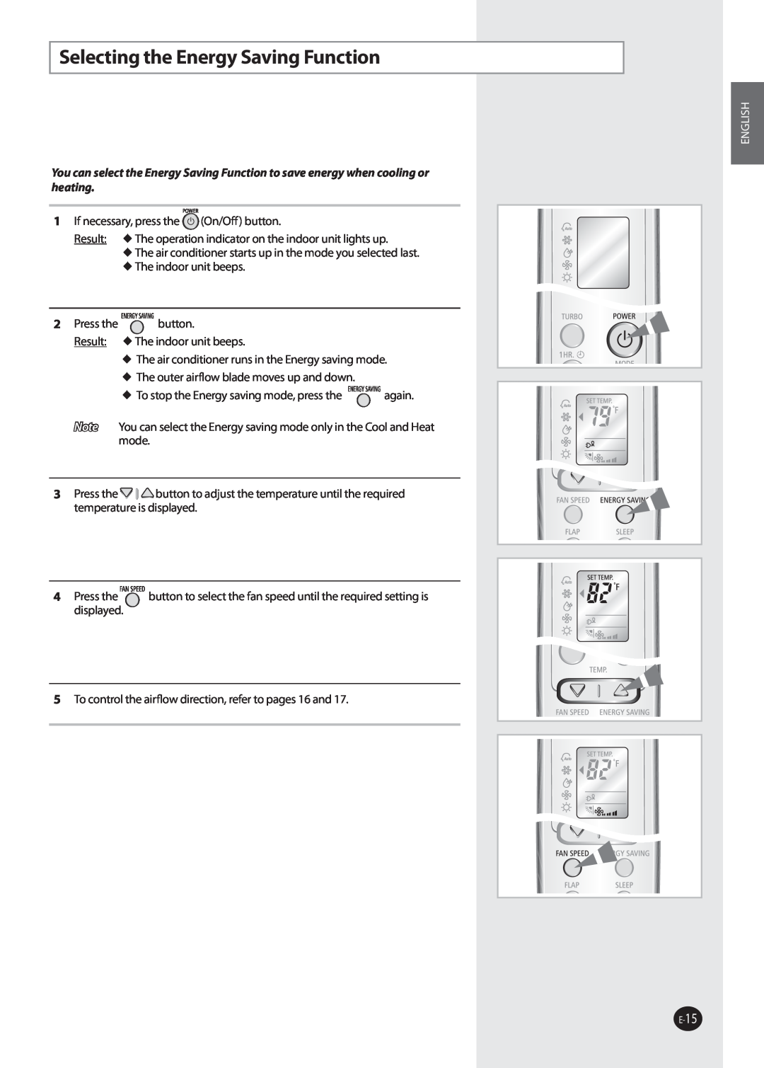 Samsung AQV36W user manual Selecting the Energy Saving Function, English 