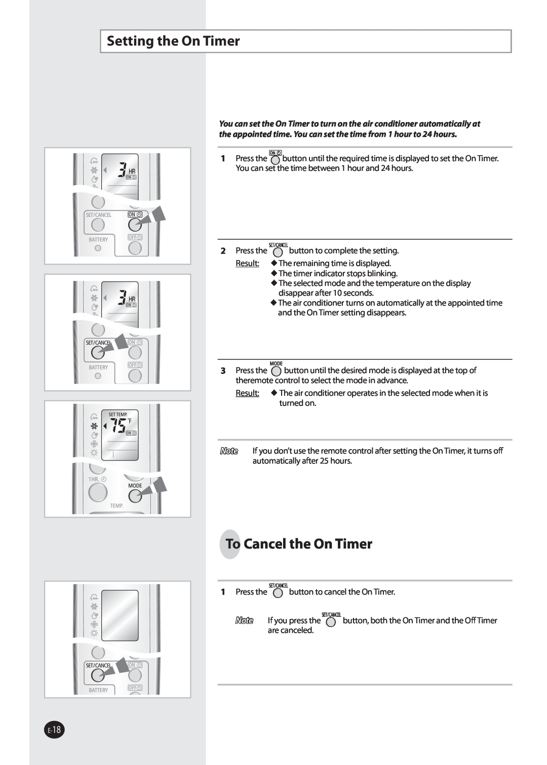 Samsung AQV36W user manual Setting the On Timer, To Cancel the On Timer 