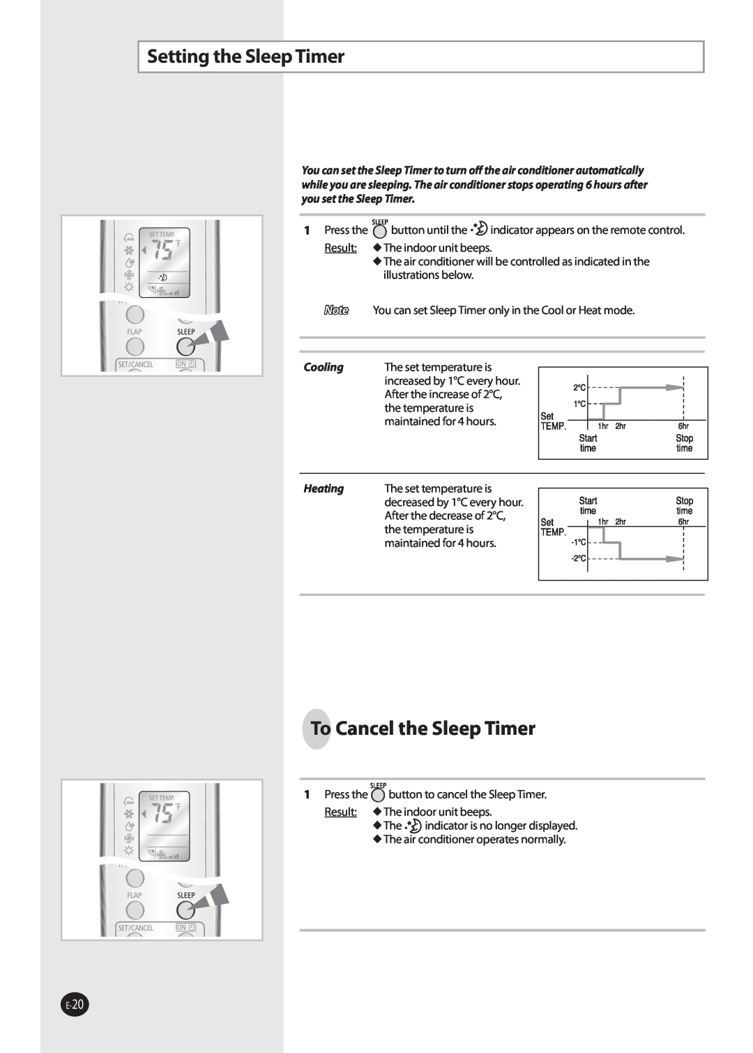 Samsung AQV36W user manual Setting the Sleep Timer, To Cancel the Sleep Timer, Cooling, Heating 