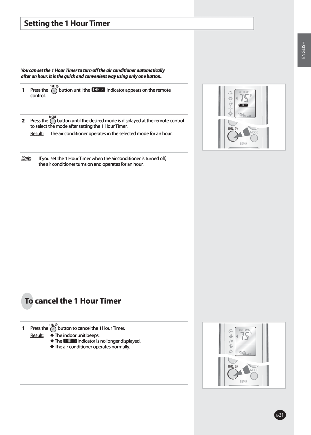 Samsung AQV36W user manual Setting the 1 Hour Timer, To cancel the 1 Hour Timer, English 