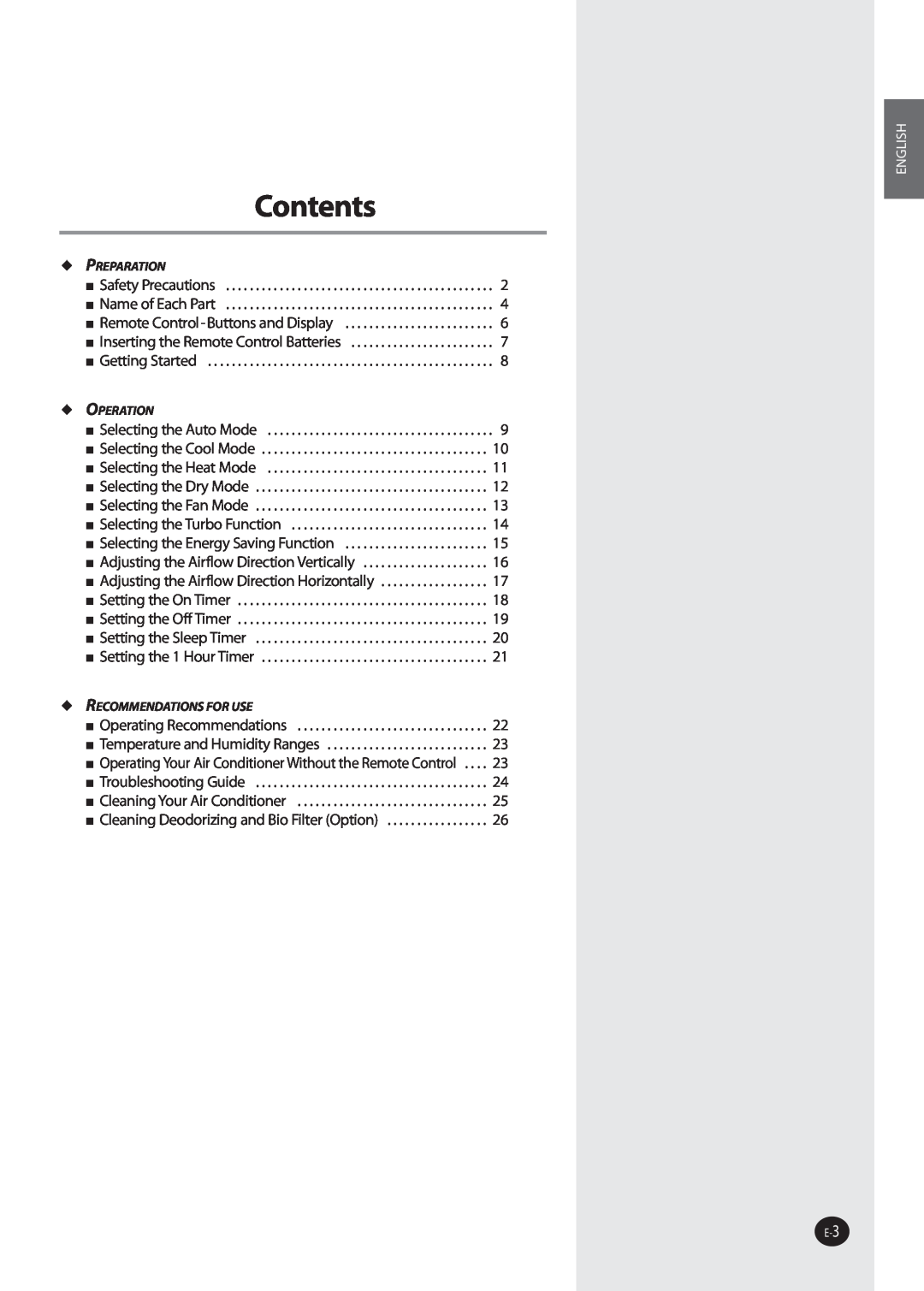 Samsung AQV36W user manual Contents, English 