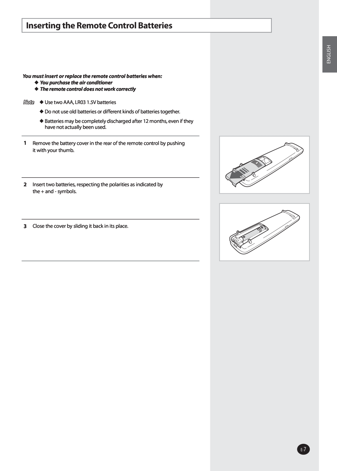 Samsung AQV36W user manual Inserting the Remote Control Batteries, English, The remote control does not work correctly 
